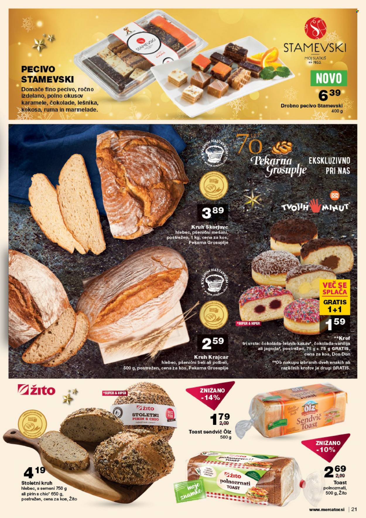 thumbnail - Mercator katalog - 16.12.2021 - 22.12.2021 - Ponudba izdelkov - kruh, pecivo, toast kruh, čokolada. Stran 21.