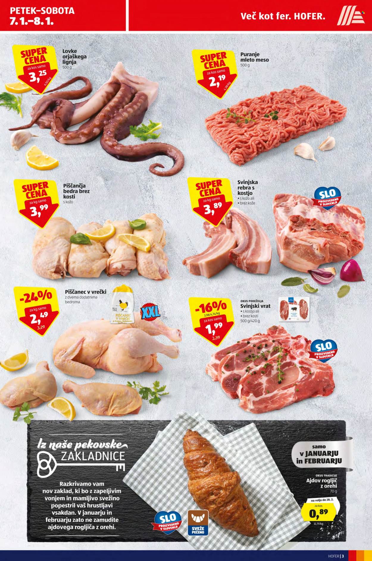 thumbnail - Hofer katalog - 7.1.2022 - 15.1.2022 - Ponudba izdelkov - piščančja bedra, piščanec, piščančje meso, rebra, mleto meso, svinjska rebra, svinjski vrat, svinjski vrat s kostjo, svinjsko meso, orehi. Stran 3.