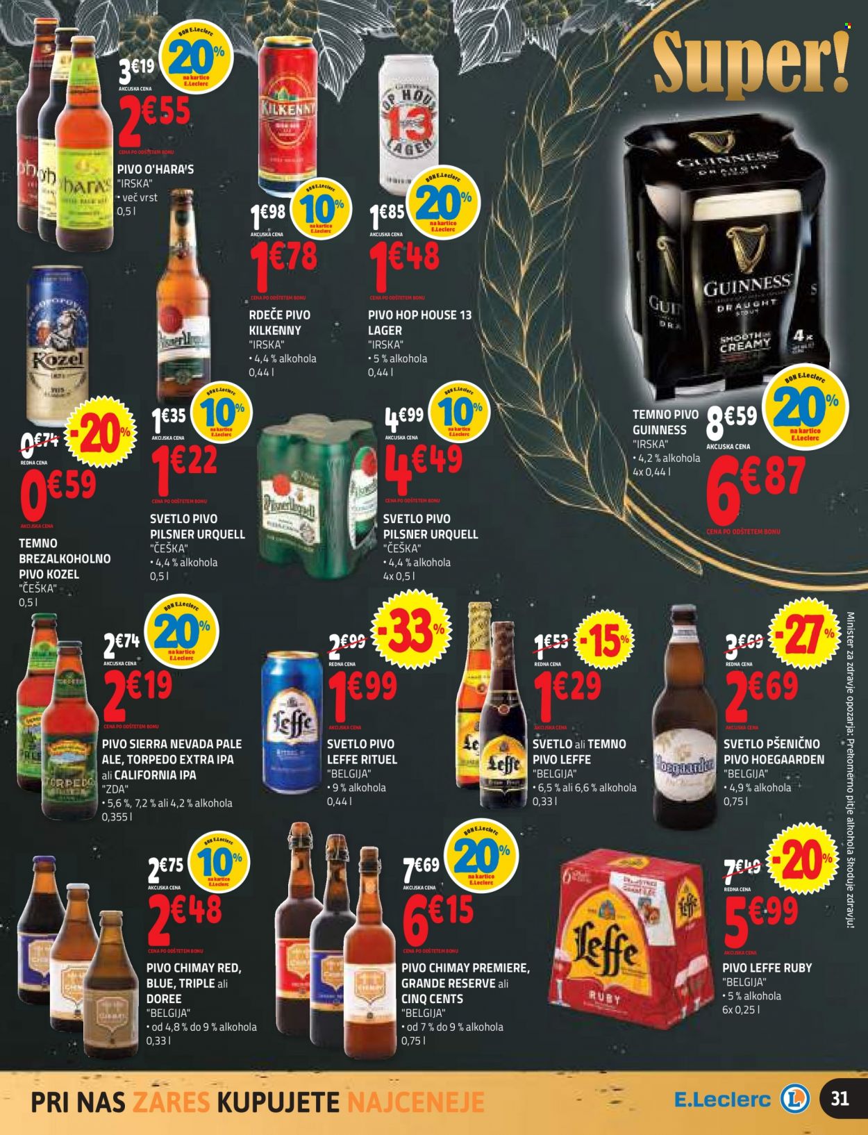 thumbnail - E.Leclerc katalog - 12.1.2022 - 22.1.2022 - Ponudba izdelkov - brezalkoholno pivo, Kozel, Pilsner Urquell, rdeče pivo, svetlo pivo, temno pivo, pivo. Stran 31.