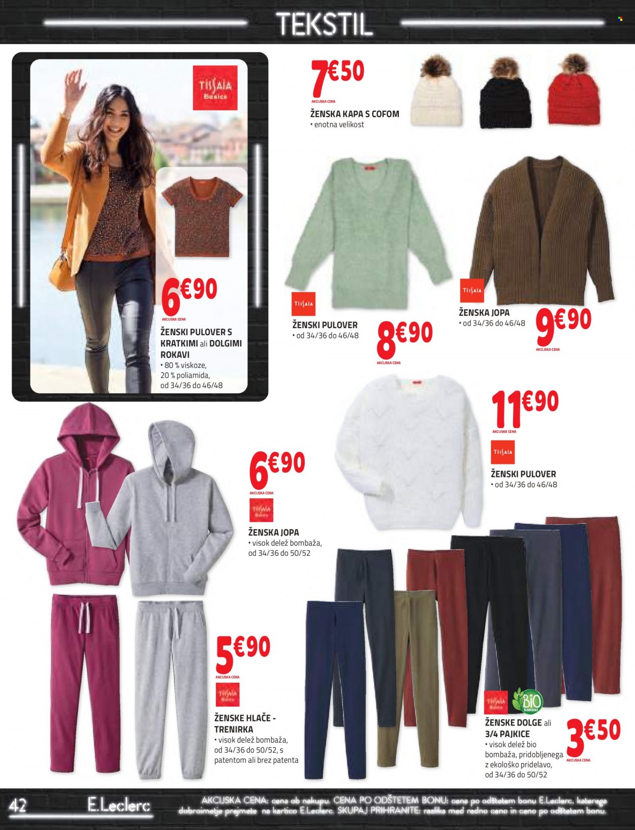 thumbnail - E.Leclerc katalog - 12.1.2022 - 22.1.2022 - Ponudba izdelkov - hlače, pajkice, jopa, pulover. Stran 42.
