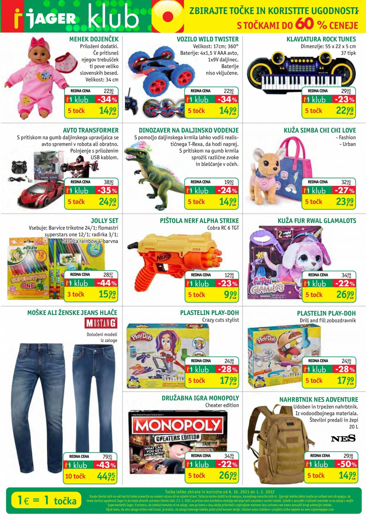 thumbnail - JAGER katalog - 11.1.2022 - 22.2.2022 - Ponudba izdelkov - barvice, Mustang, hlače, Nerf, Play-Doh, Monopoly. Stran 13.