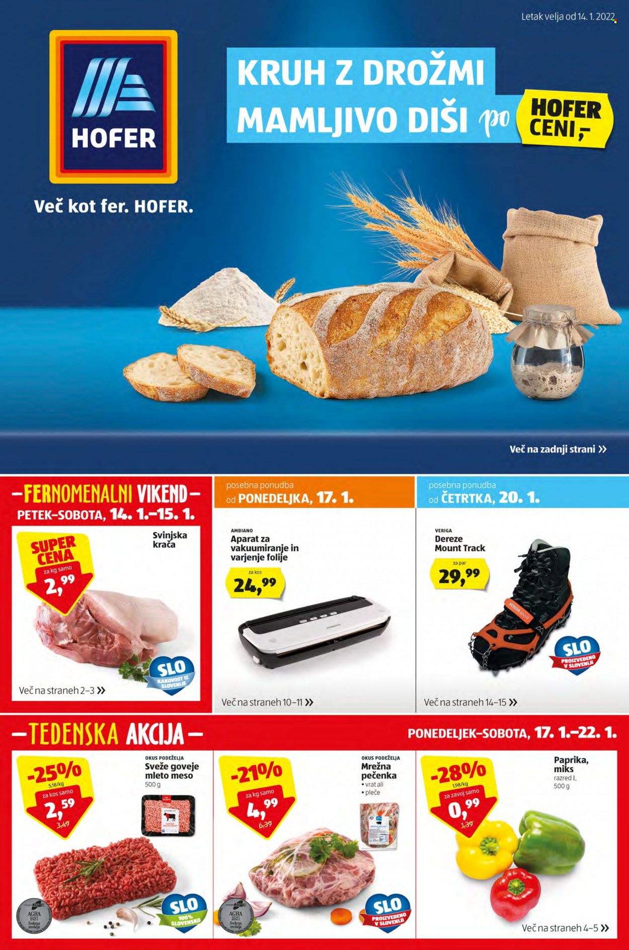 Hofer katalog - 14.01.2022 - 22.01.2022 - Ponudba izdelkov - kruh, meso, mleto meso, paprika, pleče, vrat, dereze. Stran 1.
