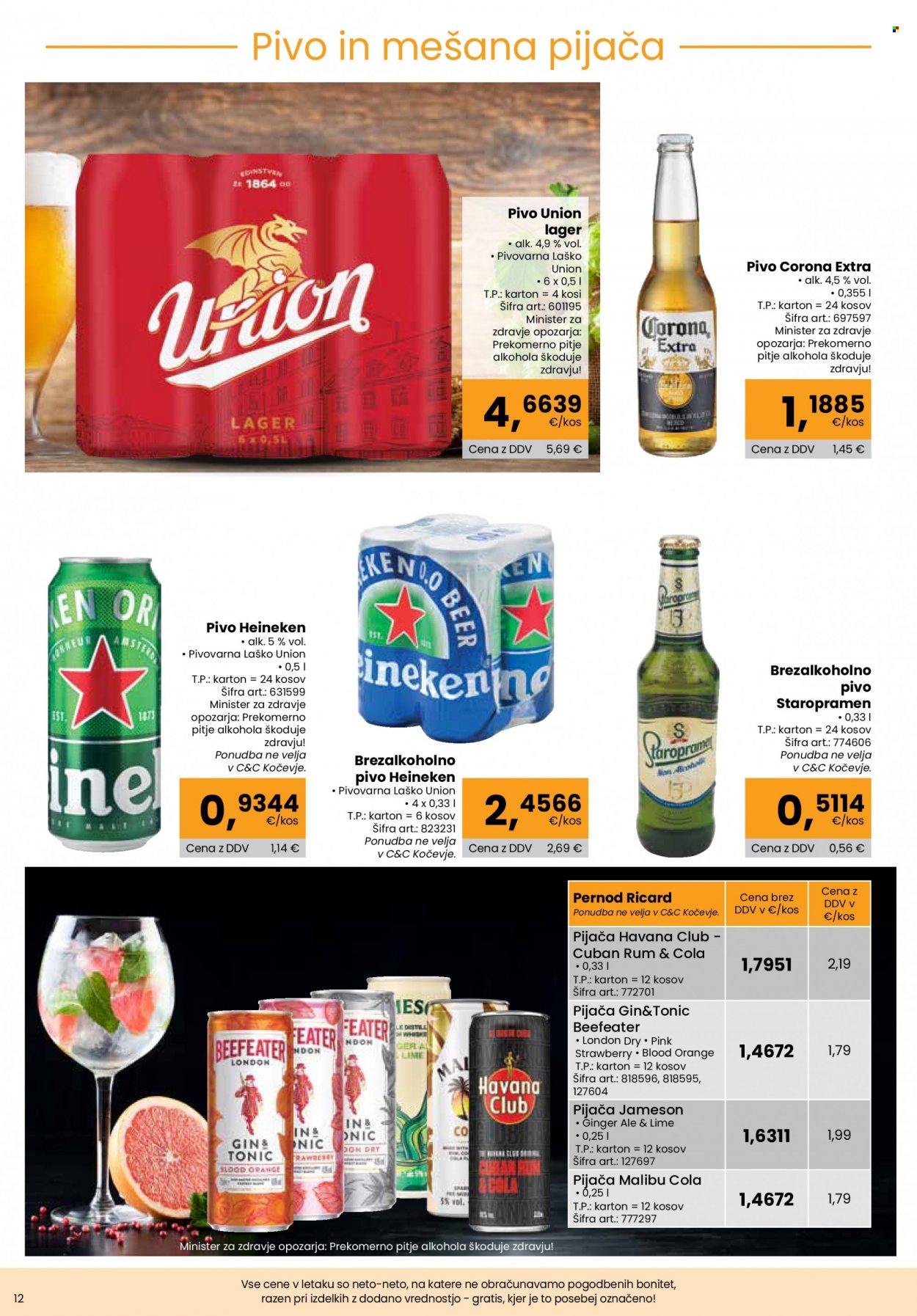 thumbnail - Tuš katalog - 21.4.2022 - 18.5.2022 - Ponudba izdelkov - brezalkoholno pivo, Heineken, Staropramen, Union, pivo, gin, rum. Stran 12.