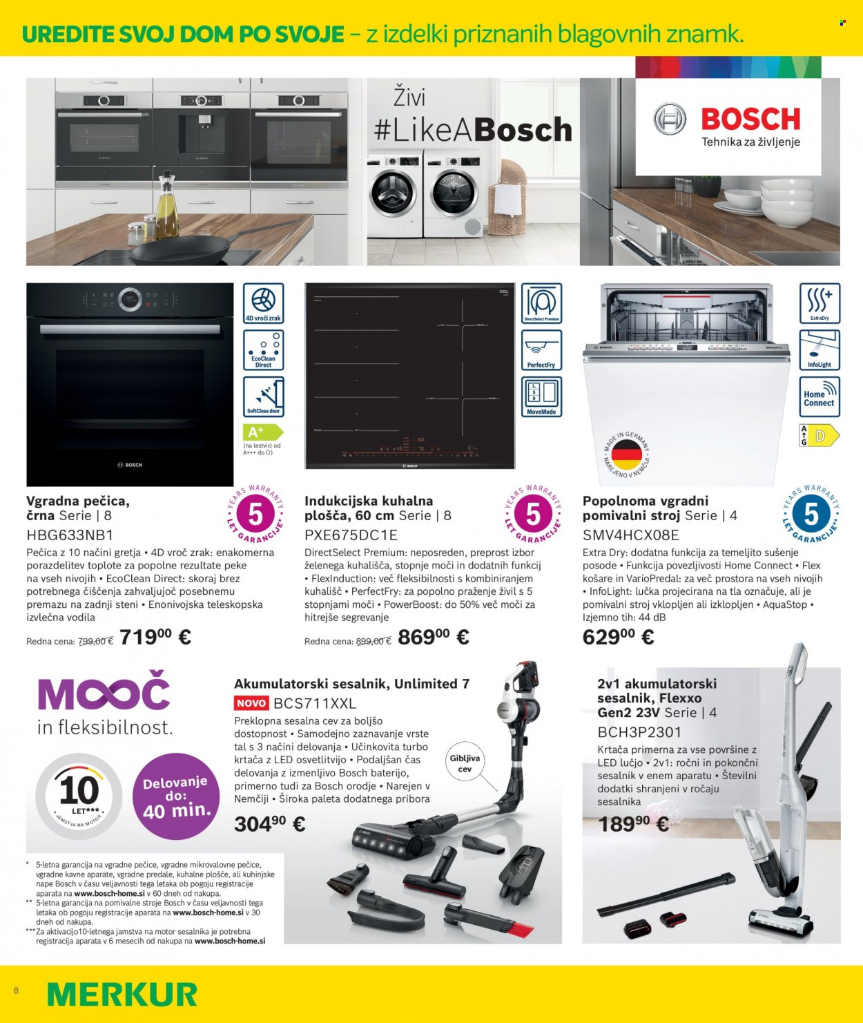 thumbnail - Merkur katalog - 16.6.2022 - 11.7.2022 - Ponudba izdelkov - Bosch, vgradna pečica, pomivalni stroj, vgradni pomivalni stroj, akumulatorski sesalnik, sesalnik. Stran 8.