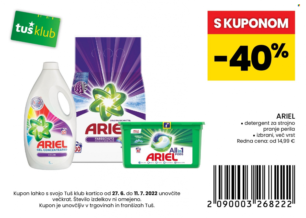 thumbnail - Tuš katalog - 27.6.2022 - 11.7.2022 - Ponudba izdelkov - detergent, Ariel, detergent za pranje perila. Stran 3.
