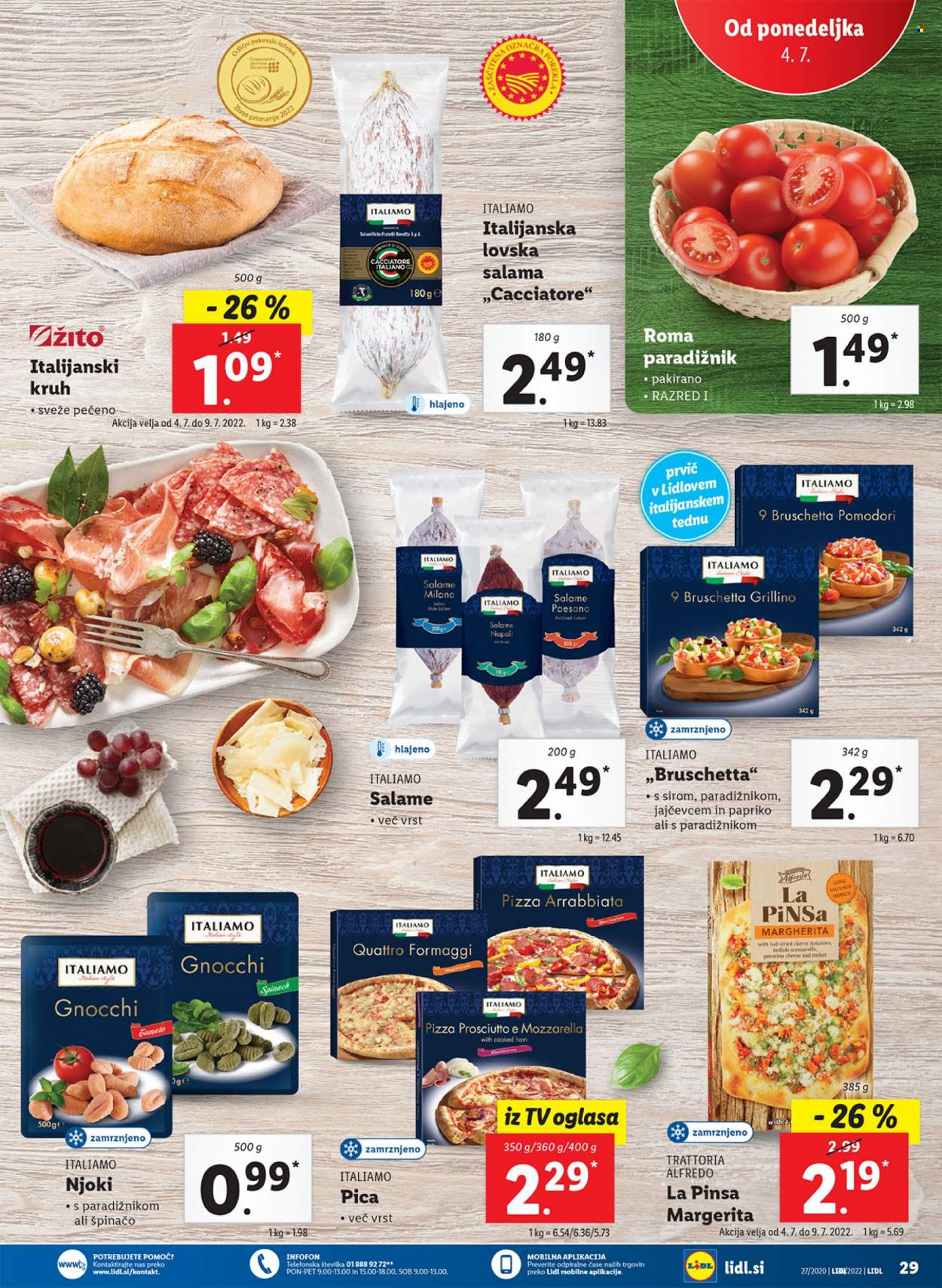 thumbnail - Lidl katalog - 30.6.2022 - 10.7.2022 - Ponudba izdelkov - italijanski kruh, kruh, paradižnik, njoki, pizza, lovska salama, salama. Stran 33.