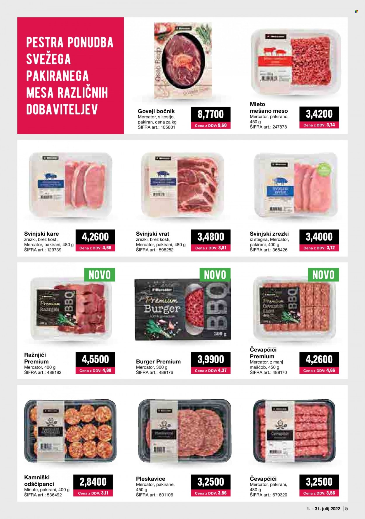 thumbnail - Mercator Cash & Carry katalog - 1.7.2022 - 31.7.2022 - Ponudba izdelkov - stegno, burger, čevapčiči, mleto meso, mleto mešano meso, pleskavice, kare, svinjski kare, svinjski vrat, svinjsko meso. Stran 5.