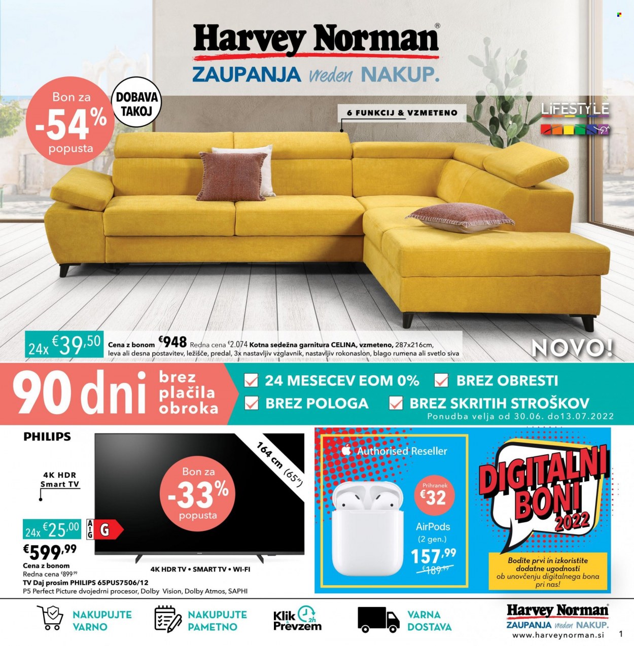 thumbnail - Harvey Norman katalog - 30.6.2022 - 13.7.2022 - Ponudba izdelkov - sedežna garnitura, Philips, vzglavnik, televizor. Stran 1.