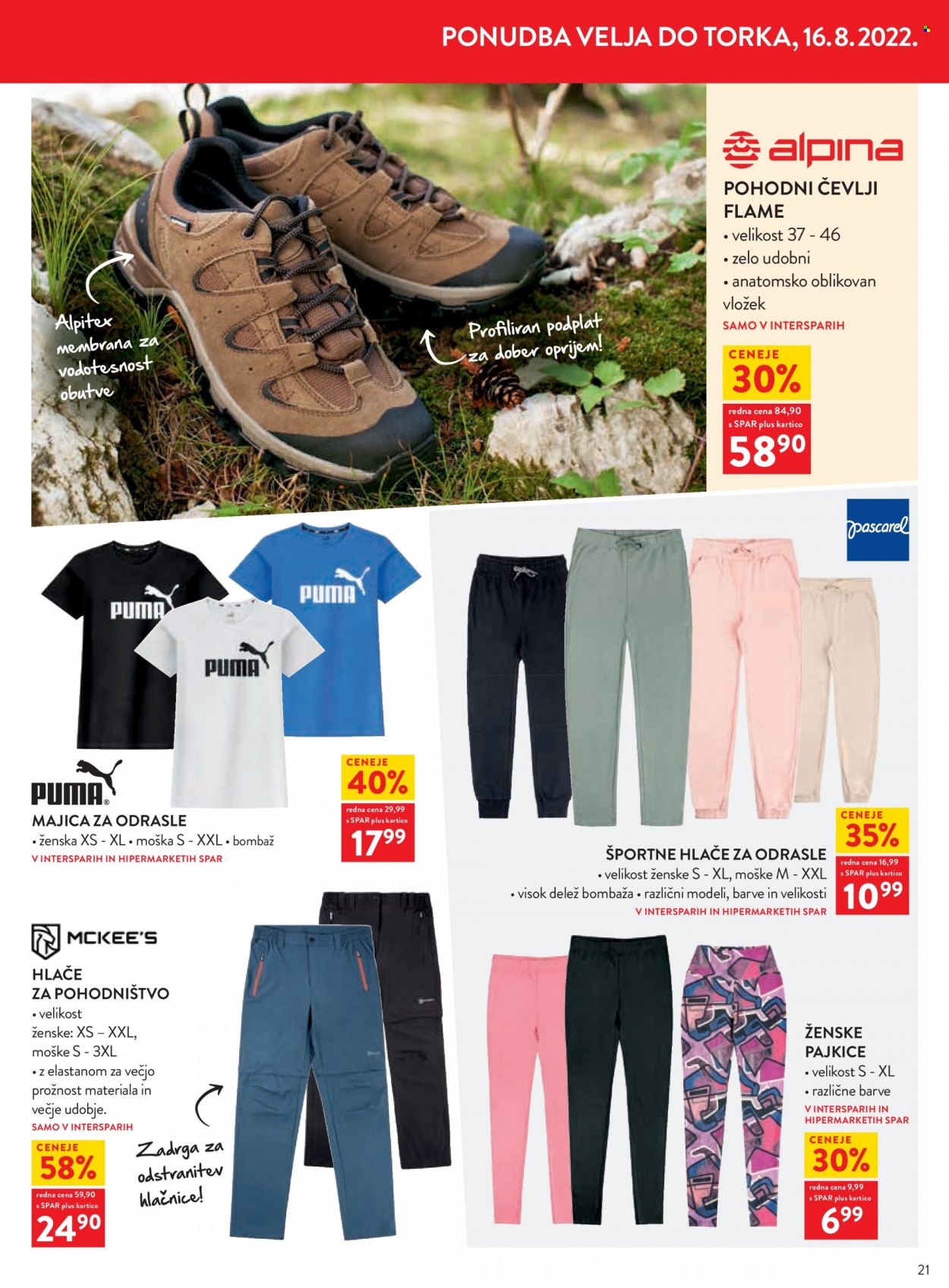 thumbnail - SPAR katalog - 3.8.2022 - 16.8.2022 - Ponudba izdelkov - hlače, pajkice, majica, čevlji, pohodni čevlji. Stran 21.