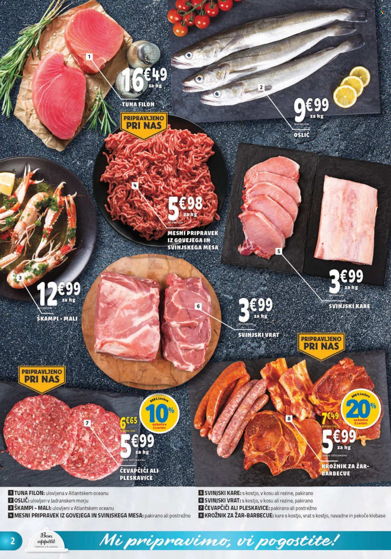 thumbnail - E.Leclerc katalog - 3.8.2022 - 13.8.2022 - Ponudba izdelkov - čevapčiči, pleskavice, kare, svinjski kare, svinjski vrat, svinjsko meso, oslič, riba, tuna, klobasa, krožnik, grill. Stran 2.