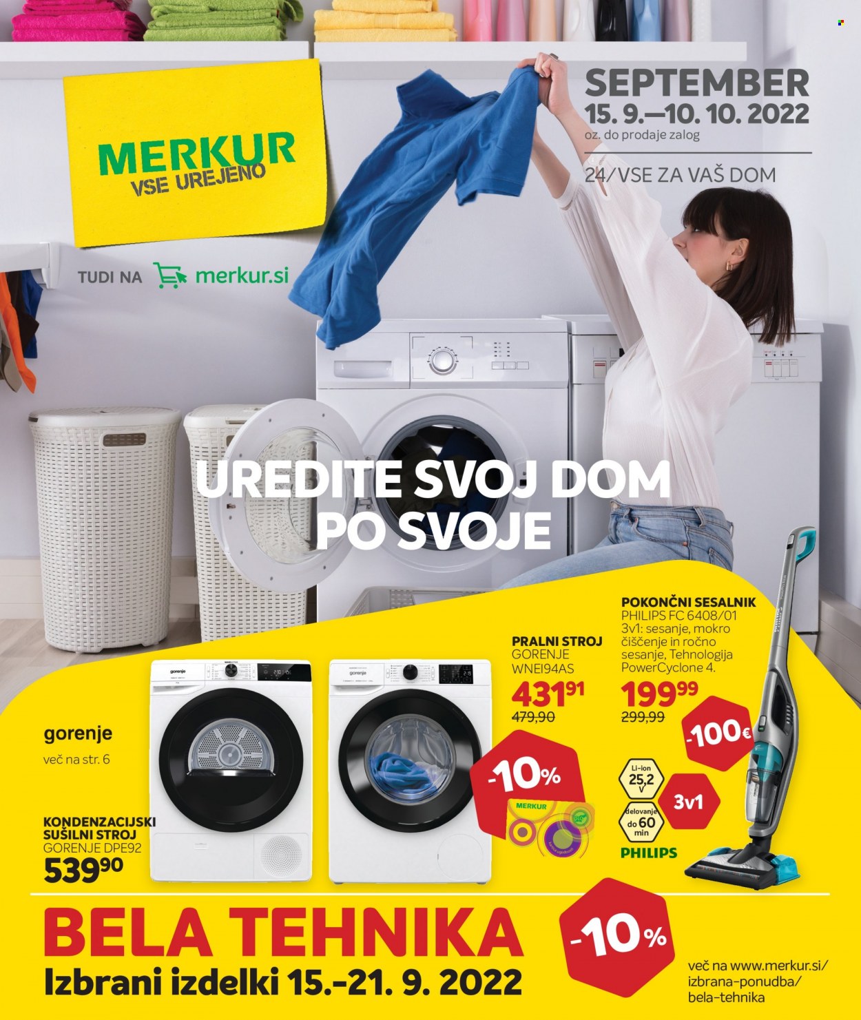 thumbnail - Merkur katalog - 15.9.2022 - 10.10.2022 - Ponudba izdelkov - Philips, Gorenje, pralni stroj, sesalnik. Stran 1.