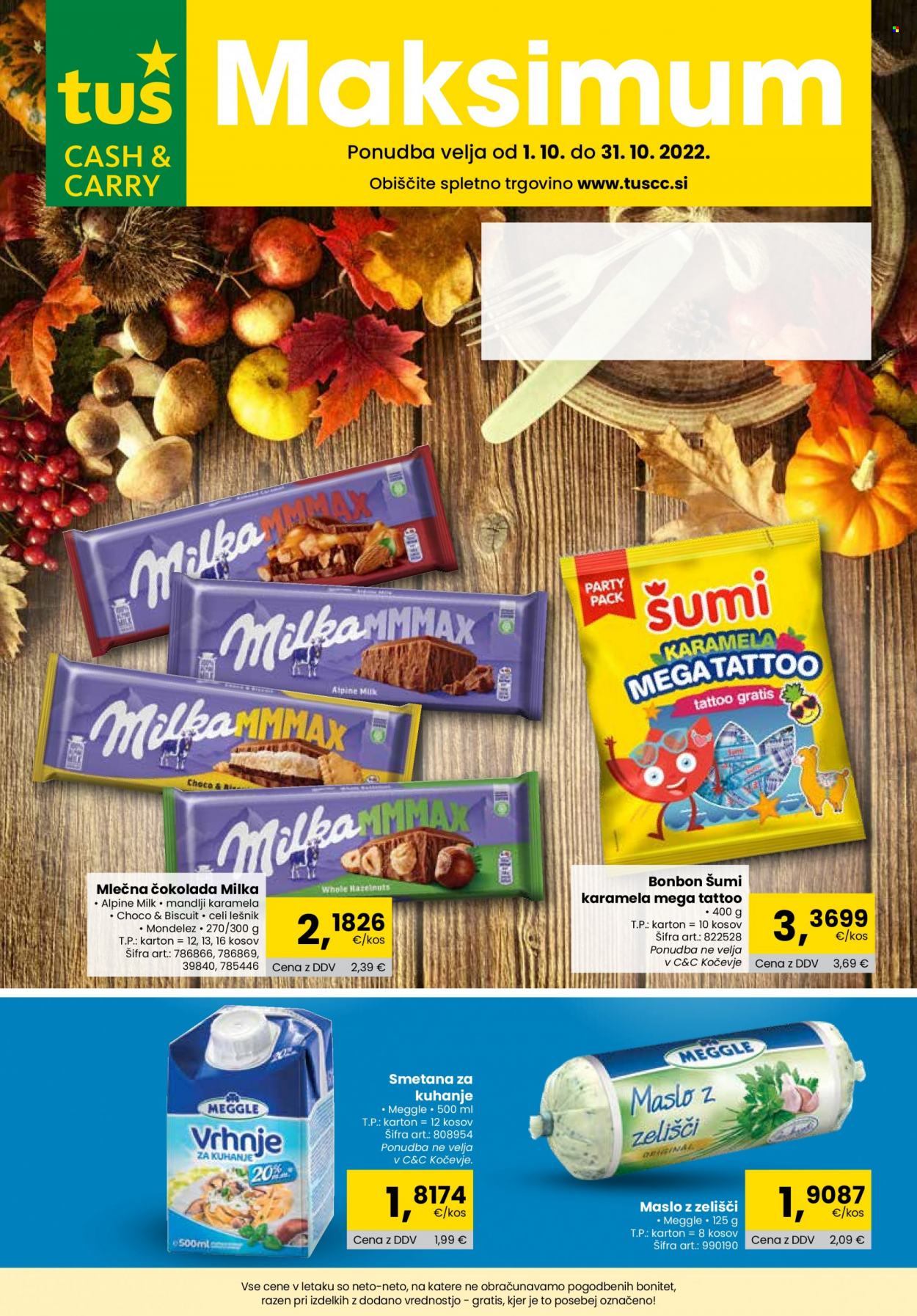 thumbnail - Tuš katalog - 1.10.2022 - 31.10.2022 - Ponudba izdelkov - Milka, Meggle, maslo, smetana za kuhanje, čokolada, mlečna čokolada. Stran 1.