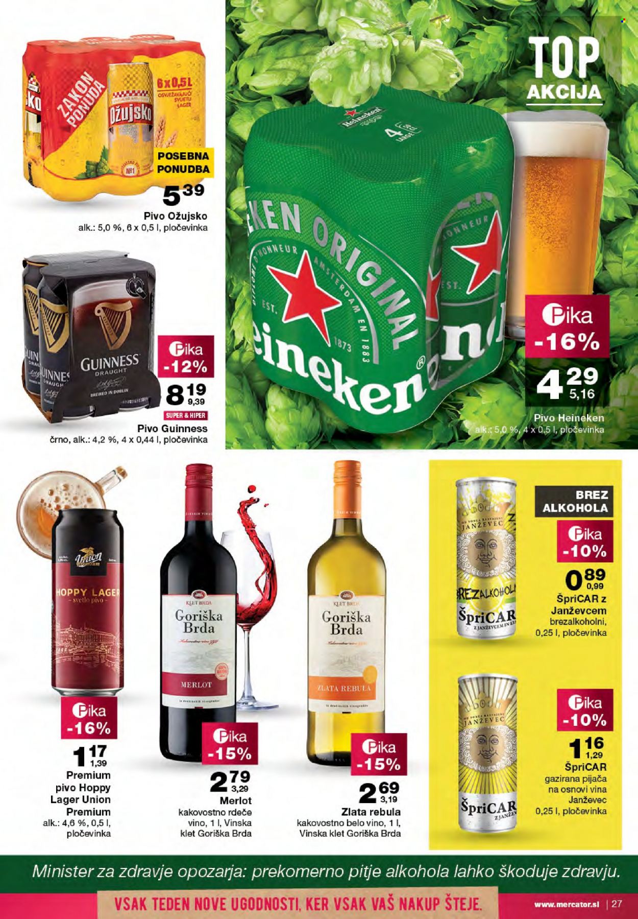 thumbnail - Mercator katalog - 6.10.2022 - 12.10.2022 - Ponudba izdelkov - Heineken, Ožujsko, svetlo pivo, Union, belo vino, rdeče vino, vino. Stran 29.