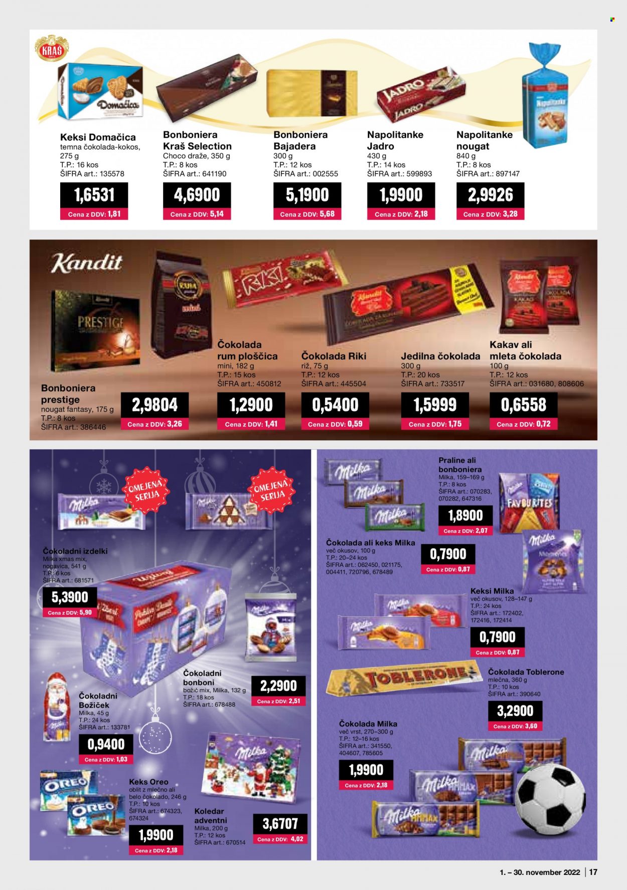 thumbnail - Mercator Cash & Carry katalog - 1.11.2022 - 30.11.2022 - Ponudba izdelkov - Prestige, rum, Milka, Oreo, bonboni, čokolada, keksi, napolitanke, temna čokolada, Domaćica, riž. Stran 17.