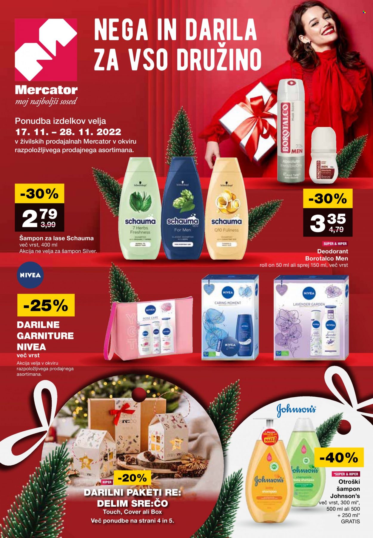 thumbnail - Mercator katalog - 17.11.2022 - 28.12.2022 - Ponudba izdelkov - Johnson's, Nivea, otroški šampon, Borotalco, šampon za lase, Schauma, dezodorant. Stran 1.
