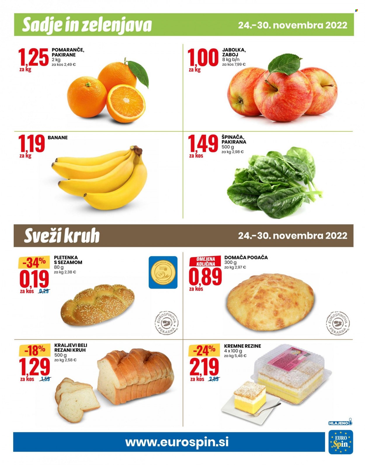 thumbnail - EuroSpin katalog - 24.11.2022 - 30.11.2022 - Ponudba izdelkov - jabolka, pomaranče, kruh, špinača. Stran 11.