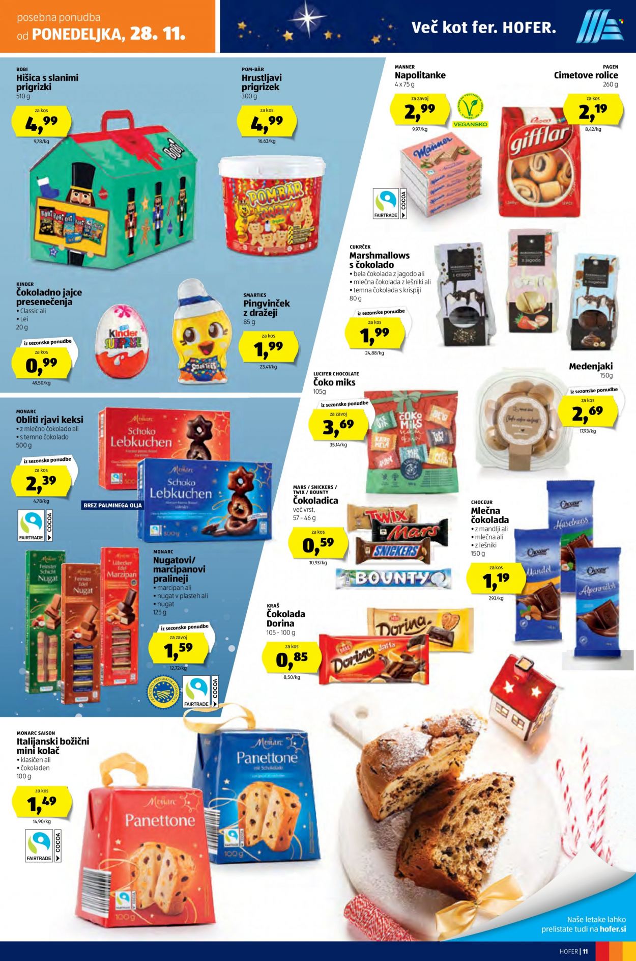 thumbnail - Hofer katalog - 24.11.2022 - 3.12.2022 - Ponudba izdelkov - Manner, kolač, čokoladno jajce, Dorina, keksi, Marshmallows, mlečna čokolada, napolitanke, pralineji, temna čokolada, olje. Stran 17.