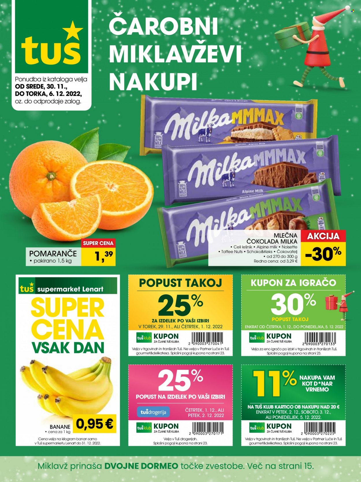thumbnail - Tuš katalog - 30.11.2022 - 6.12.2022 - Ponudba izdelkov - pomaranče, Milka, čokolada, keksi, mlečna čokolada, Dormeo. Stran 25.