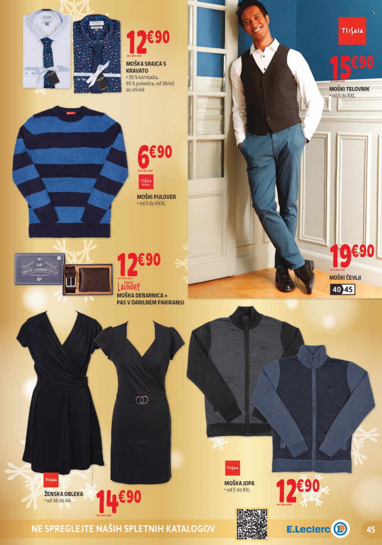 thumbnail - E.Leclerc katalog - 30.11.2022 - 10.12.2022 - Ponudba izdelkov - srajca, jopa, pulover, denarnica, čevlji. Stran 45.