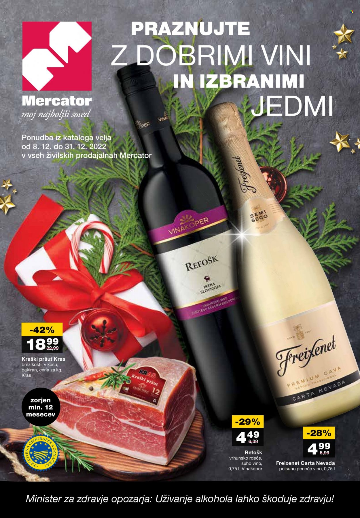 thumbnail - Mercator katalog - 8.12.2022 - 31.12.2022 - Ponudba izdelkov - vino, kraški pršut, pršut. Stran 1.