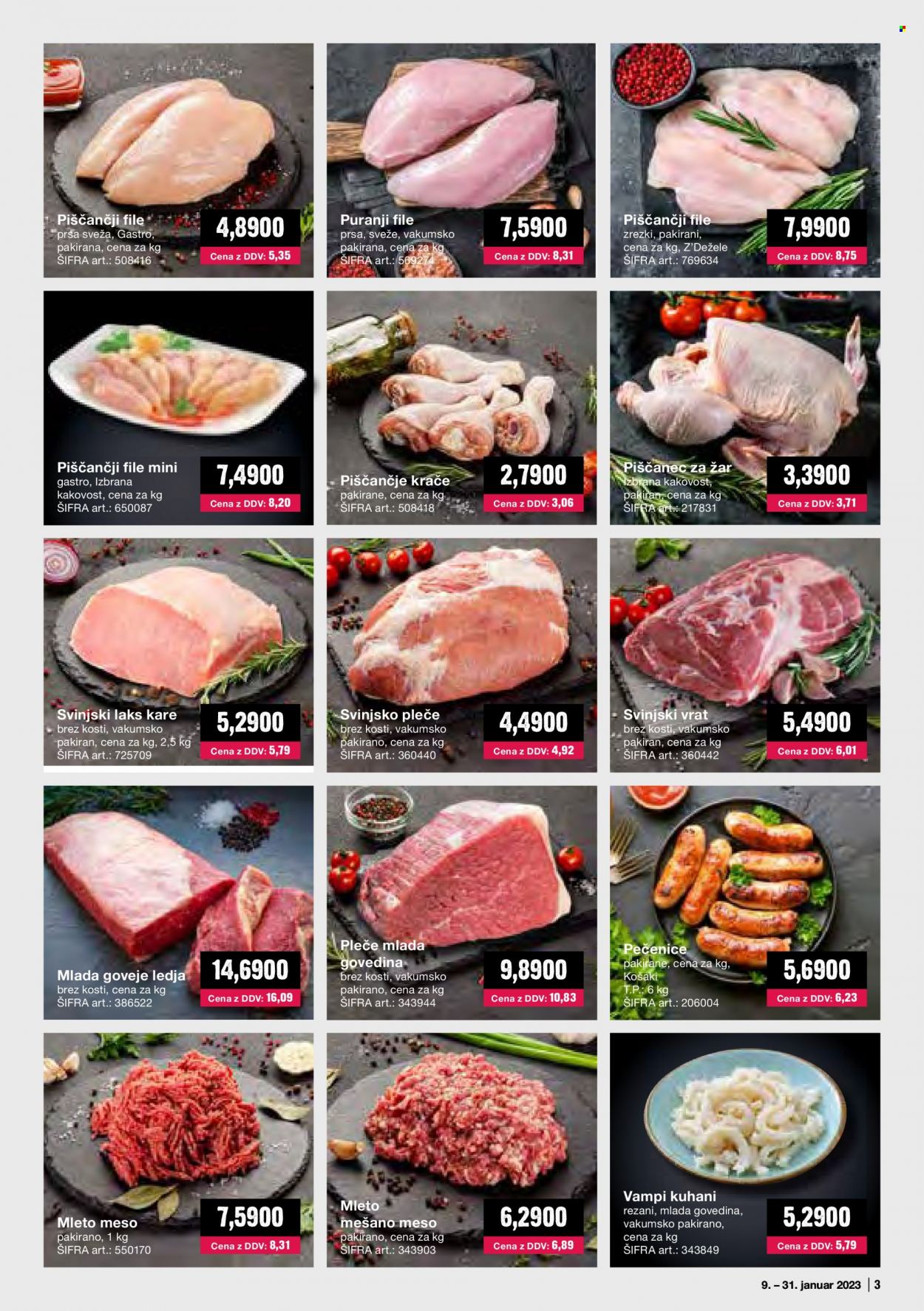 thumbnail - Mercator Cash & Carry katalog - 1.1.2023 - 31.1.2023 - Ponudba izdelkov - piščančje krače, piščančji file, puranji file, puranje meso, piščanec, piščančje meso, goveje meso, ledja, pleče, mleto meso, mleto mešano meso, kare, svinjski vrat brez kosti, svinjski vrat, svinjsko pleče, svinjsko meso, grill. Stran 3.