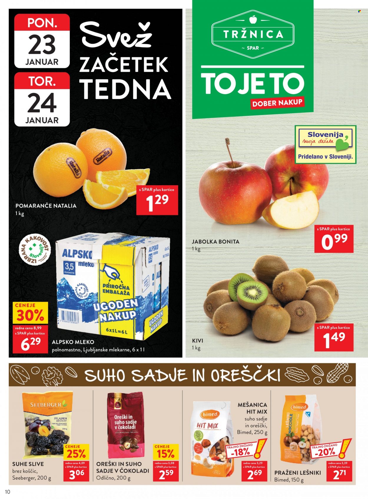 thumbnail - SPAR katalog - 25.1.2023 - 31.1.2023 - Ponudba izdelkov - jabolka, kivi, pomaranče, slive, Alpsko mleko, lešniki. Stran 12.