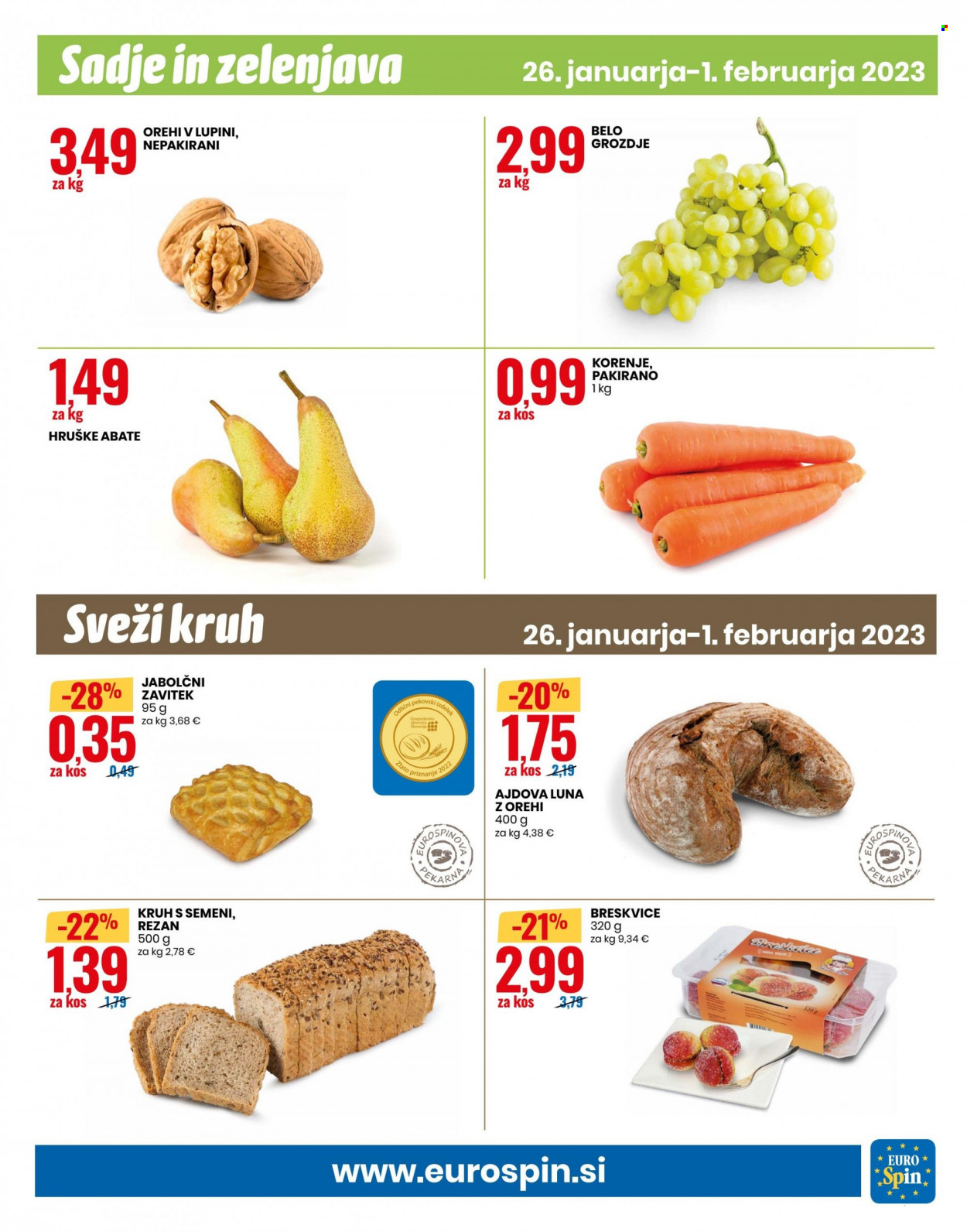 thumbnail - EuroSpin katalog - 26.1.2023 - 1.2.2023 - Ponudba izdelkov - belo grozdje, grozdje, hruške, kruh, korenje, orehi. Stran 9.