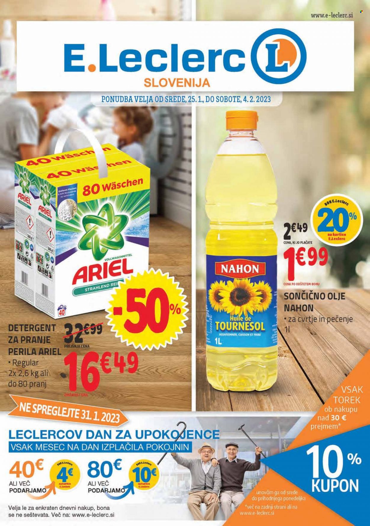thumbnail - E.Leclerc katalog - 25.1.2023 - 4.2.2023 - Ponudba izdelkov - olje, detergent, Ariel. Stran 1.