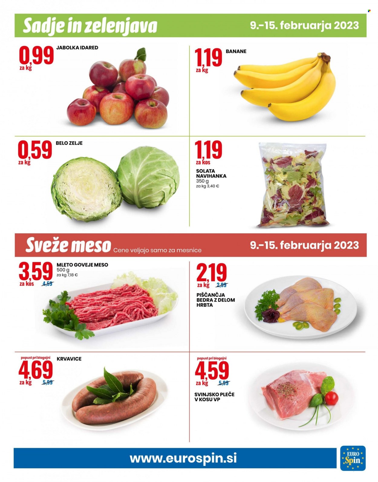 thumbnail - EuroSpin katalog - 9.2.2023 - 15.2.2023 - Ponudba izdelkov - piščančja bedra, piščančje meso, pleče, mleto meso, svinjsko pleče, svinjsko meso, jabolka, solata. Stran 13.