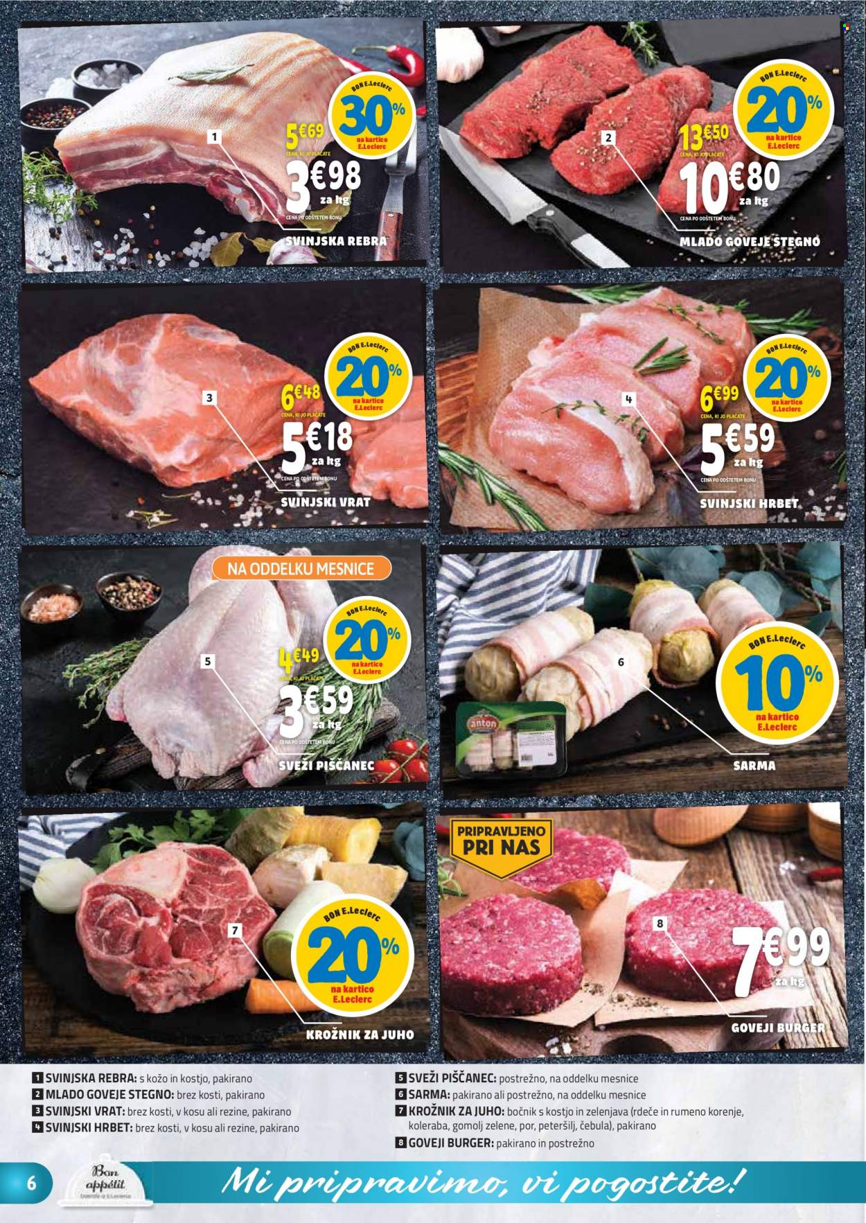 thumbnail - E.Leclerc katalog - 7.2.2023 - 18.2.2023 - Ponudba izdelkov - stegno, piščanec, piščančje meso, goveje meso, rebra, goveje stegno, burger, goveji burger, svinjska rebra, svinjski vrat, svinjsko meso, čebula, korenje, krožnik. Stran 6.
