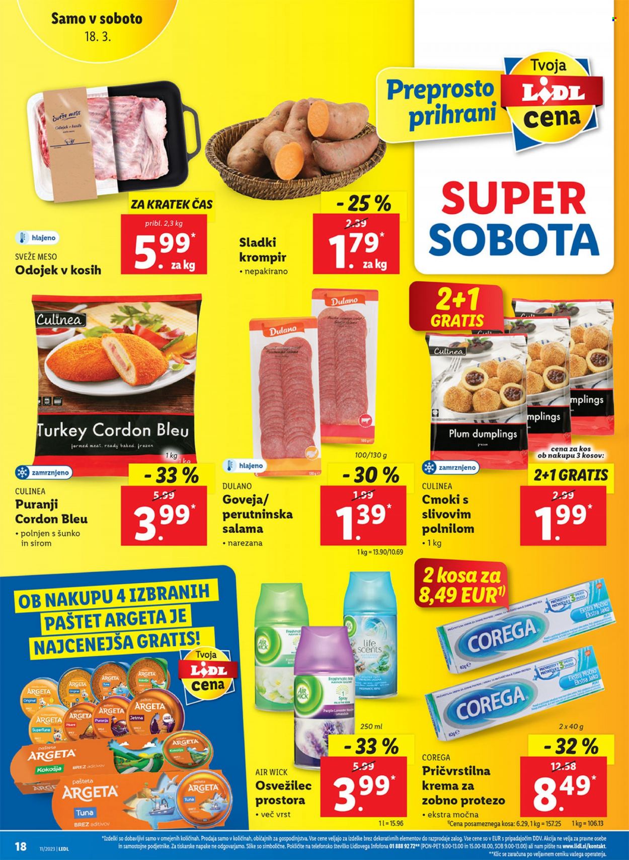 Lidl katalog - 16.3.2023 - 22.3.2023 - Ponudba izdelkov - krompir, tuna, salama, Argeta, pašteta, cmoki, Corega, osvežilec. Stran 36.