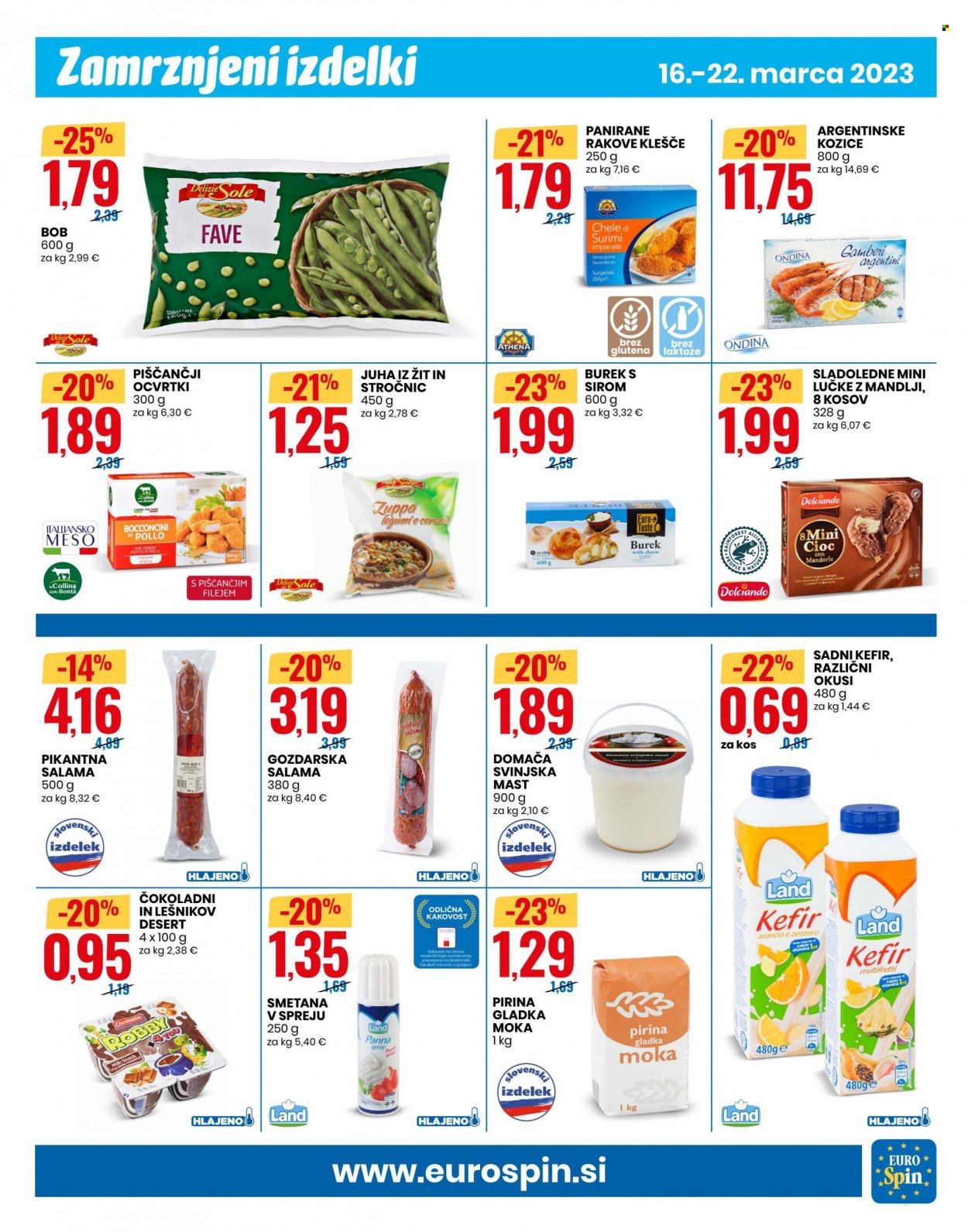 EuroSpin katalog - 16.3.2023 - 22.3.2023 - Ponudba izdelkov - moka, kozice, juha, salama. Stran 7.