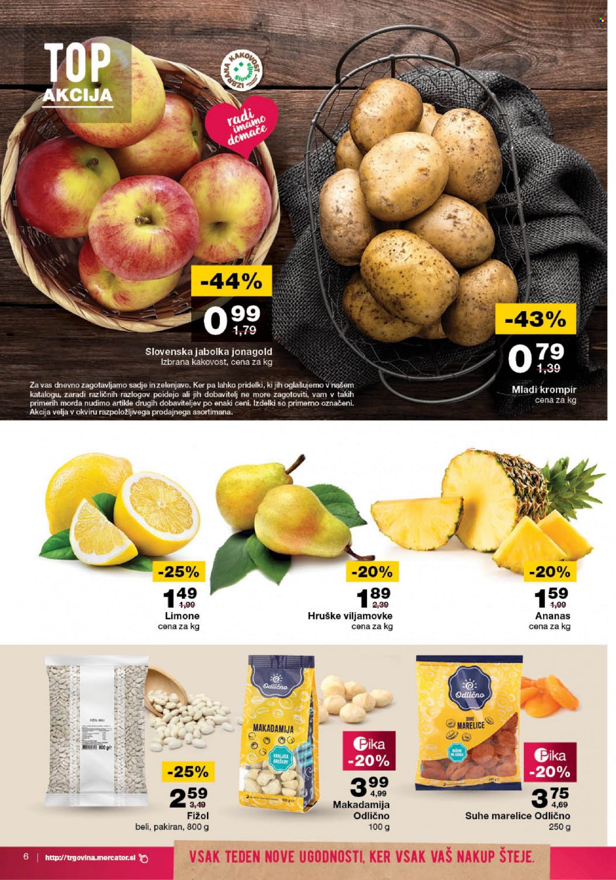 thumbnail - Mercator katalog - 16.3.2023 - 22.3.2023 - Ponudba izdelkov - ananas, hruške, jabolka, jabolka jonagold, limona, marelice, krompir, mladi krompir, fižol. Stran 6.