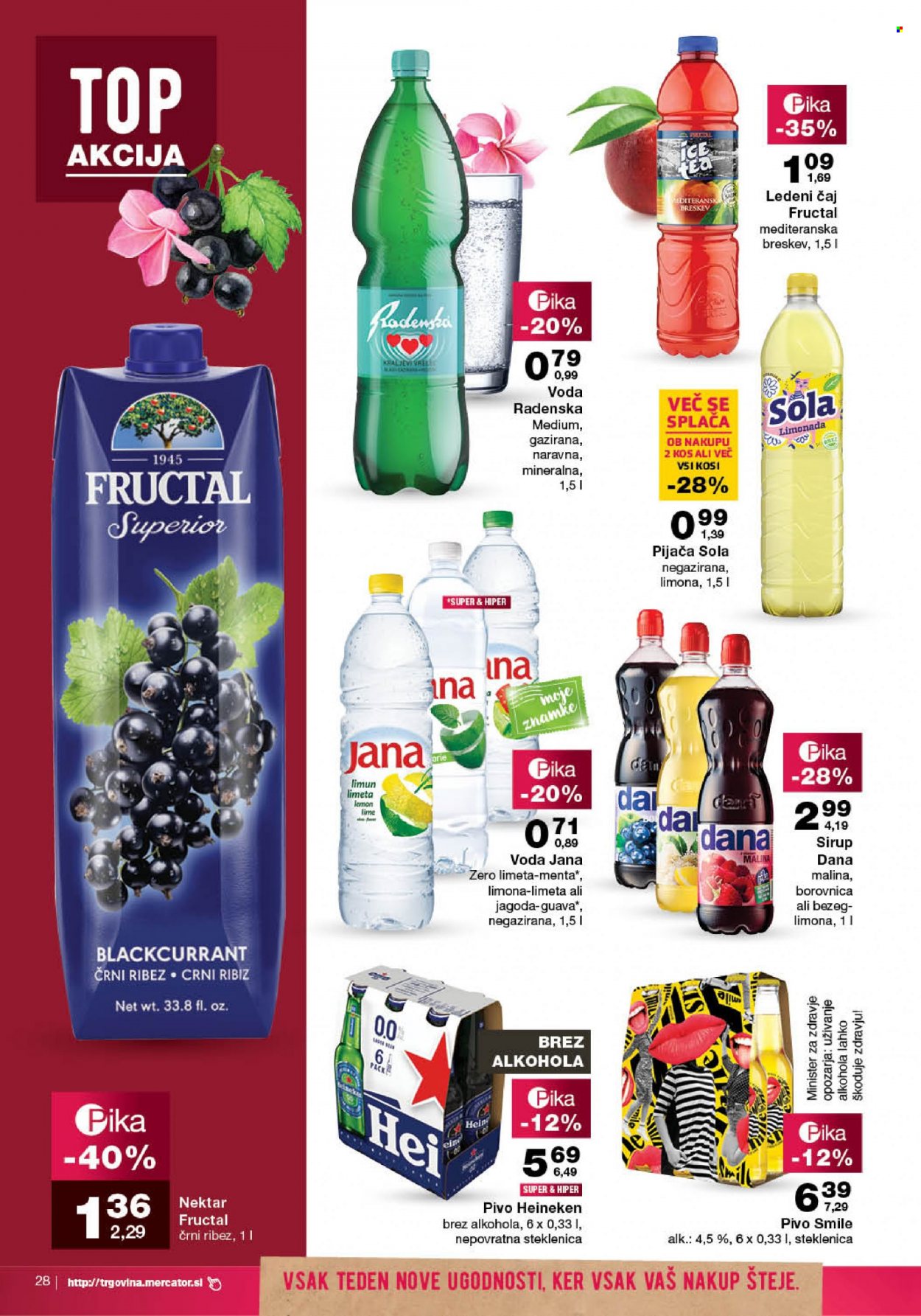 Mercator katalog - 16.3.2023 - 22.3.2023 - Ponudba izdelkov - Heineken, pivo Heineken, pivo, Dana, ledeni čaj, Sola, Jana, Radenska, voda Jana, voda Radenska, sirup, črni ribez, limona, steklenica. Stran 28.