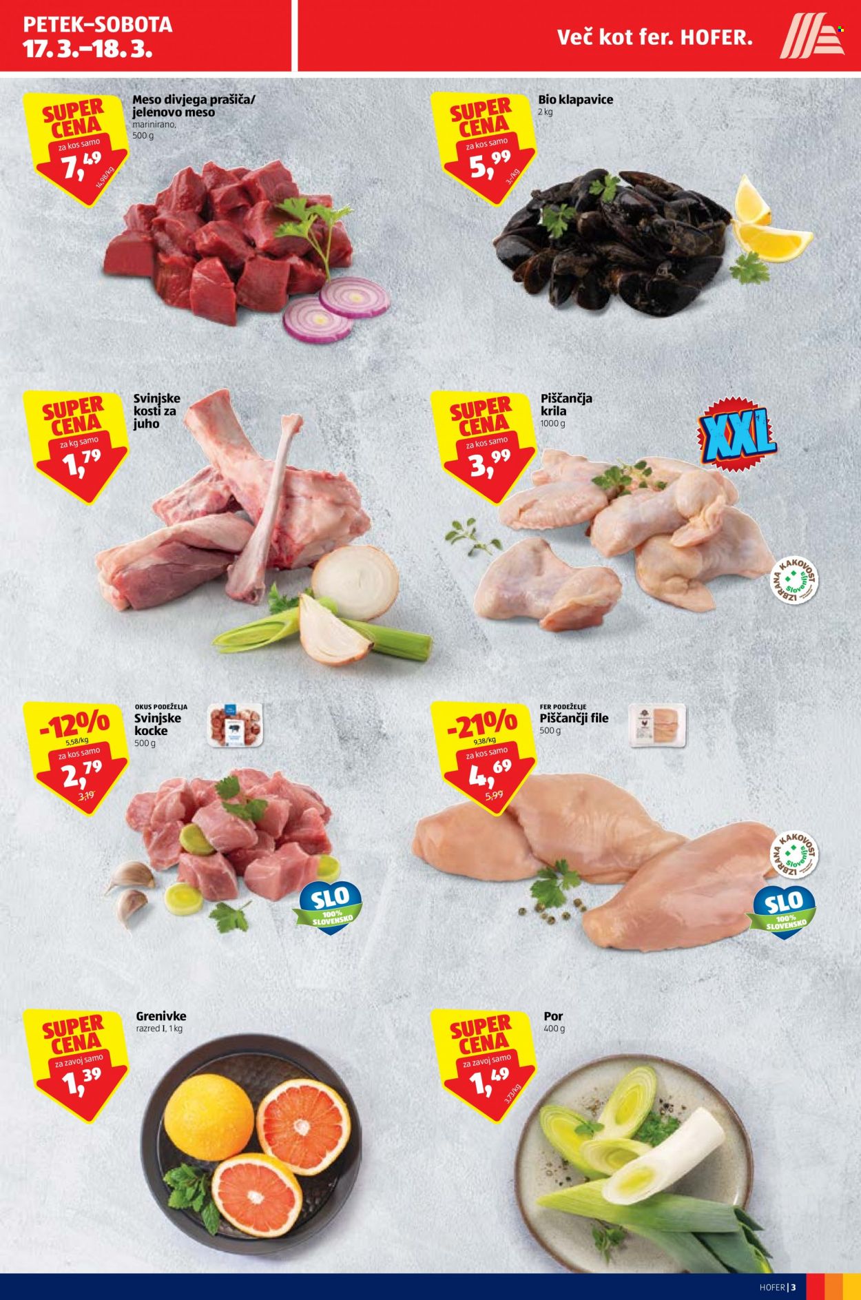 thumbnail - Hofer katalog - 16.3.2023 - 25.3.2023 - Ponudba izdelkov - piščančje peruti, piščančji file, piščančje meso, klapavice. Stran 3.