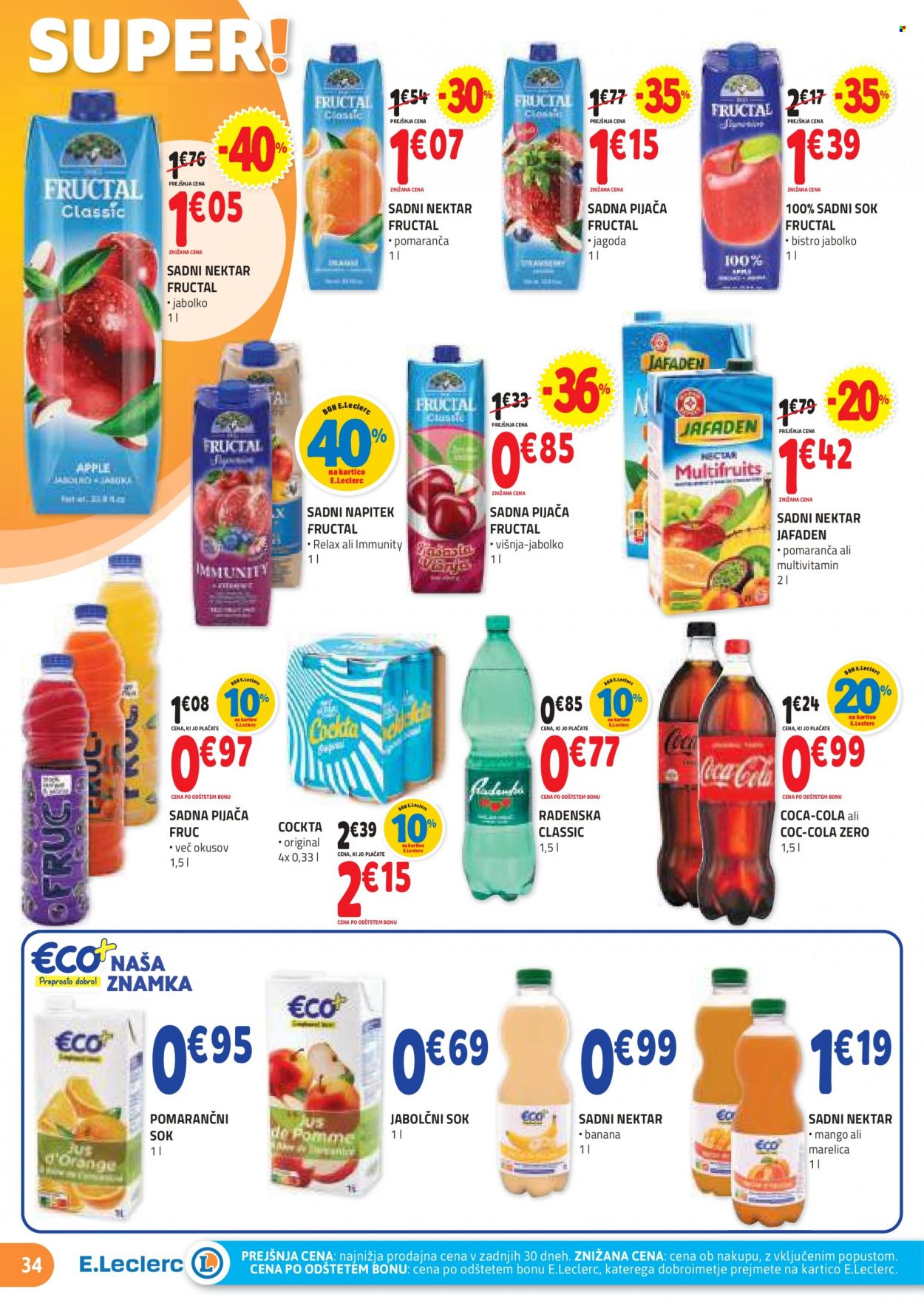 thumbnail - E.Leclerc katalog - 29.3.2023 - 8.4.2023 - Ponudba izdelkov - Coca-Cola, napitek, nektar, sok, jabolčni sok, Fructal, Radenska, jabolka. Stran 34.