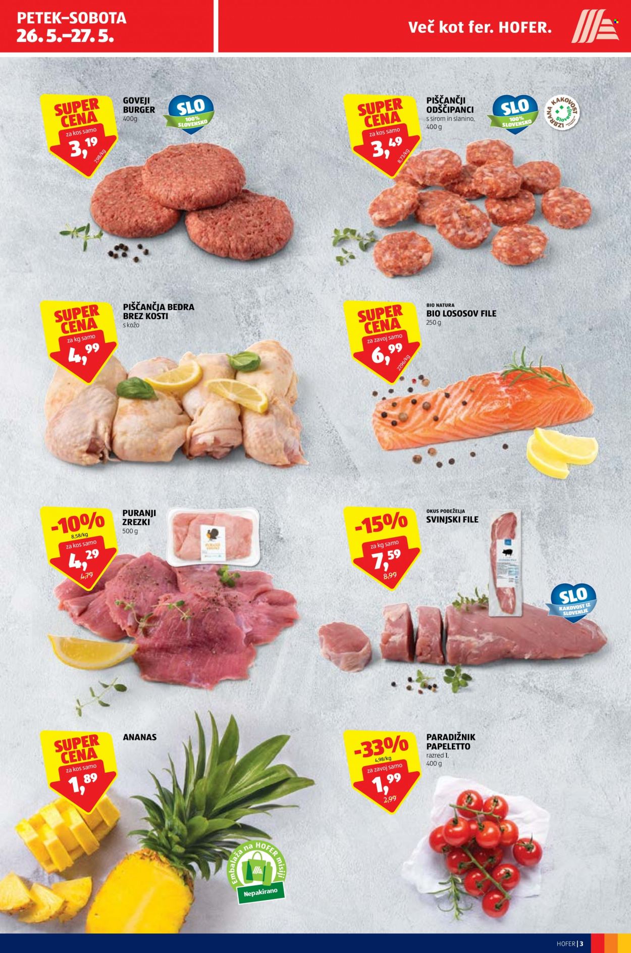 thumbnail - Hofer katalog - 25.5.2023 - 3.6.2023 - Ponudba izdelkov - piščančja bedra, piščančje meso, burger, goveji burger, ananas, paradižnik. Stran 3.