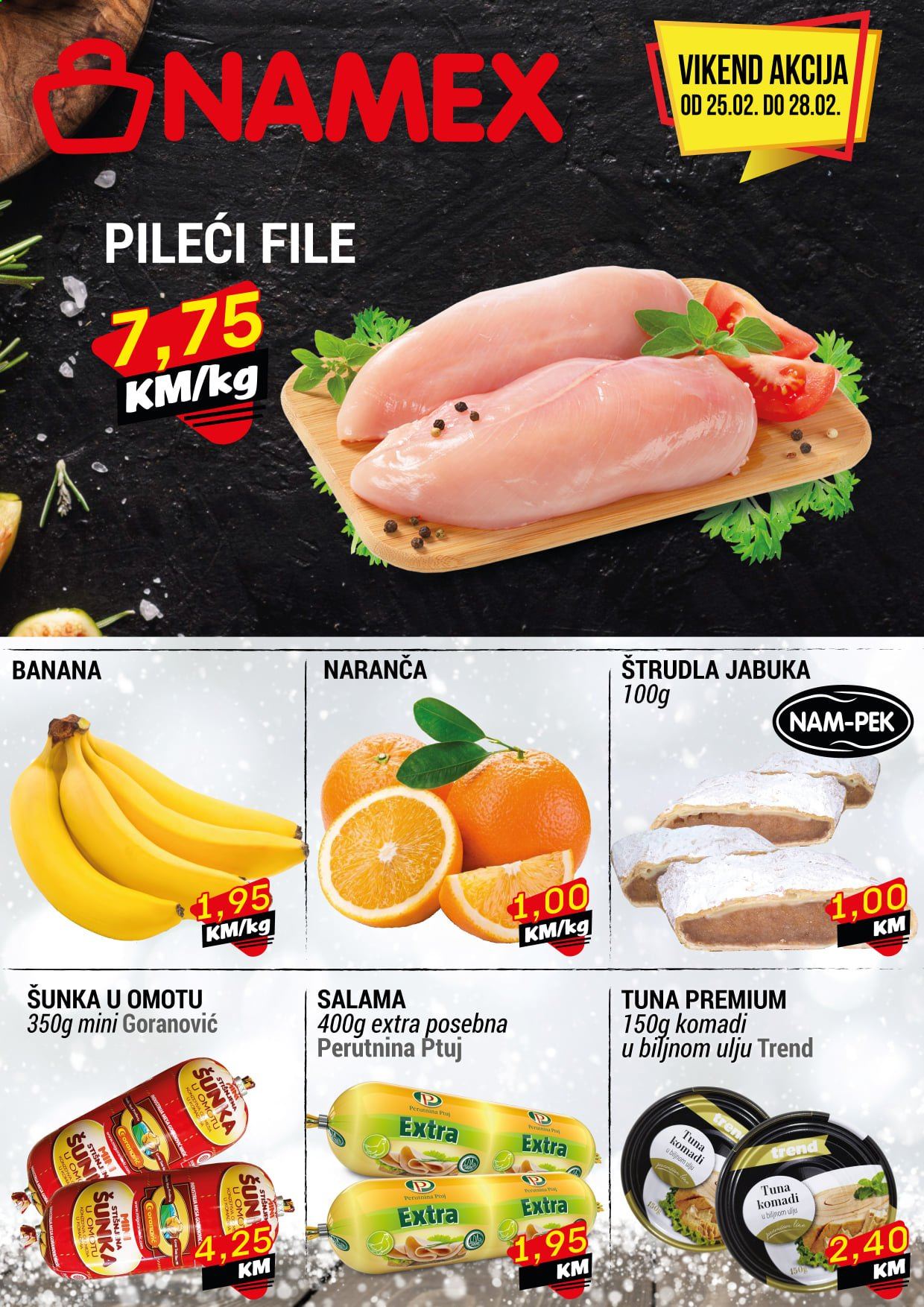 thumbnail - Namex katalog - 25.02.2021. - 28.02.2021. - Sniženi proizvodi - banane, jabuke, pileći file, tuna, salama, šunka, tuna u biljnom ulju. Stranica 1.