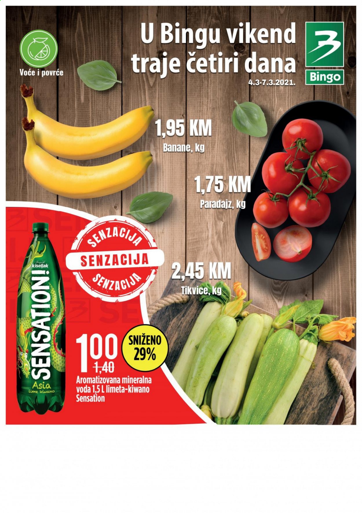 thumbnail - Bingo katalog - 04.03.2021. - 07.03.2021. - Sniženi proizvodi - paradajz, tikvice, banane, voda. Stranica 1.
