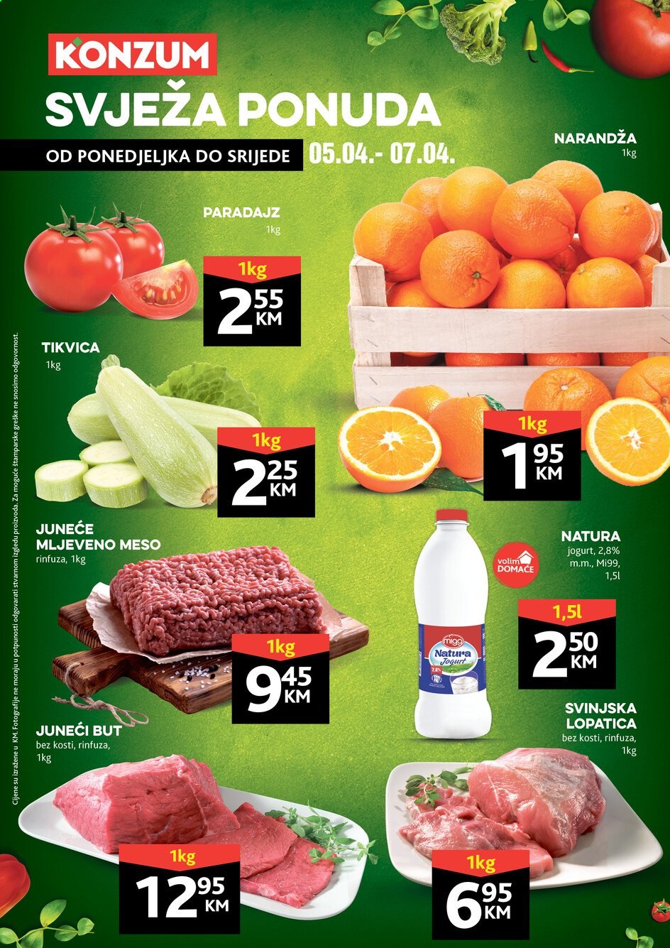 thumbnail - Konzum katalog - 05.04.2021. - 07.04.2021. - Sniženi proizvodi - paradajz, narandža, jogurt, juneće mljeveno meso, mljeveno meso. Stranica 1.