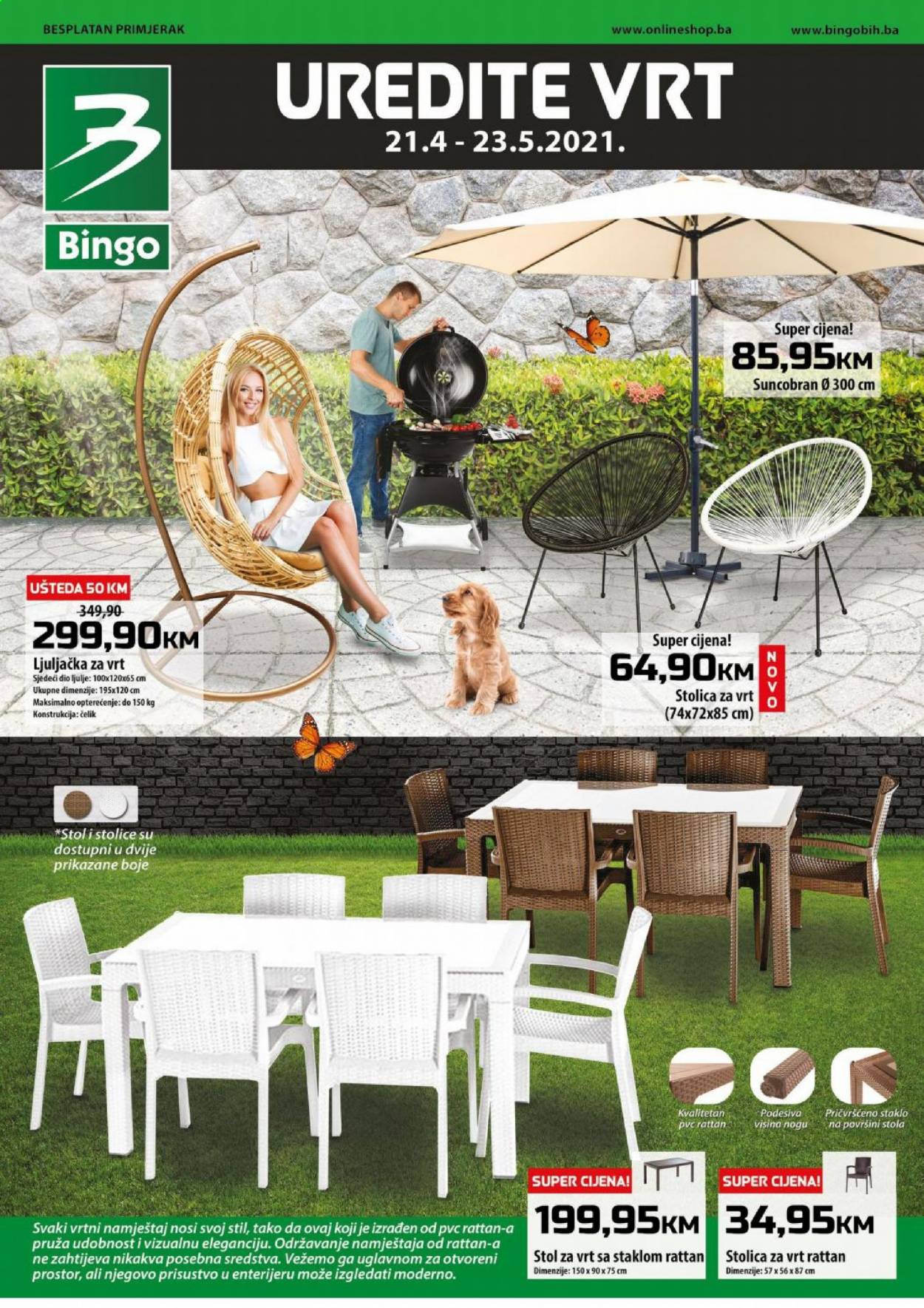 thumbnail - Bingo katalog - 21.04.2021. - 23.05.2021. - Sniženi proizvodi - stol, stolica, koji, ljuljačka, suncobran. Stranica 1.