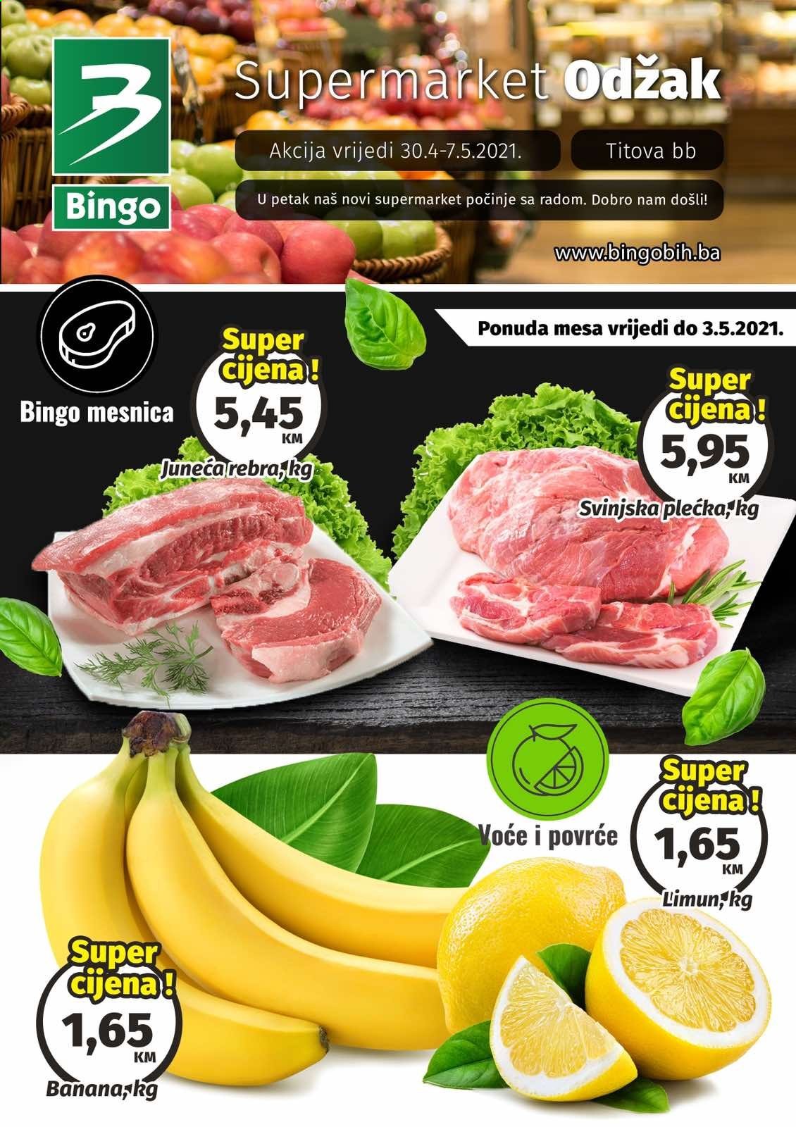 thumbnail - Bingo katalog - 30.04.2021. - 07.05.2021. - Sniženi proizvodi - banane, limun, plećka, juneća rebra, govedina, svinjska plećka. Stranica 1.