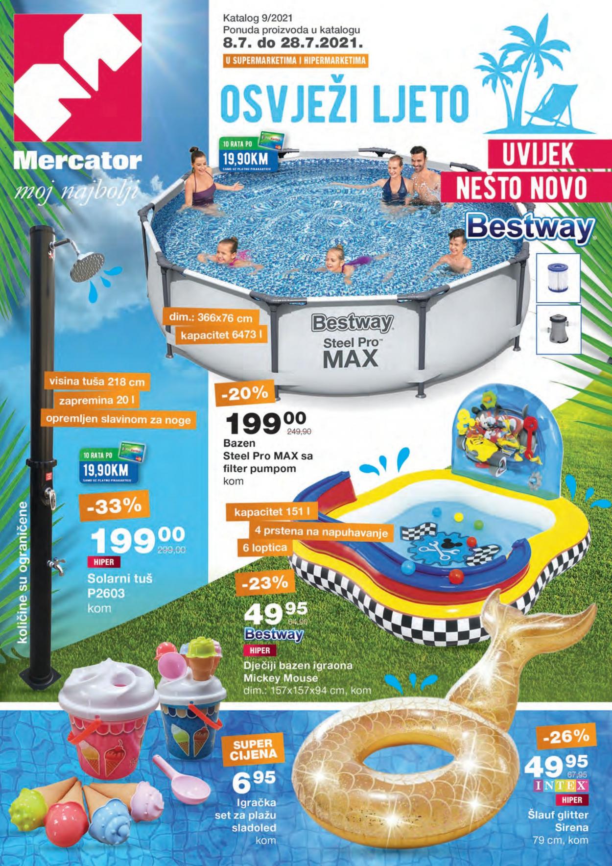thumbnail - Mercator katalog - 08.07.2021. - 28.07.2021. - Sniženi proizvodi - sladoled, glitter, INTEX, igračka, bazen. Stranica 1.