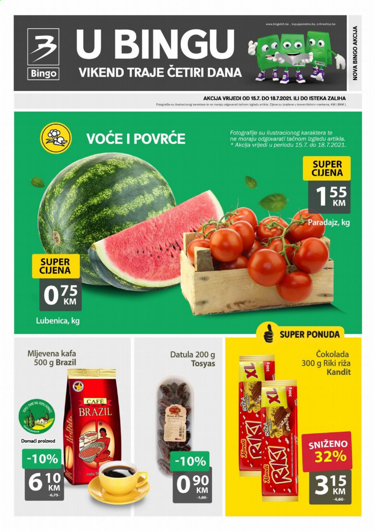 thumbnail - Bingo katalog - 15.07.2021. - 18.07.2021. - Sniženi proizvodi - lubenica, paradajz, čokolada. Stranica 1.