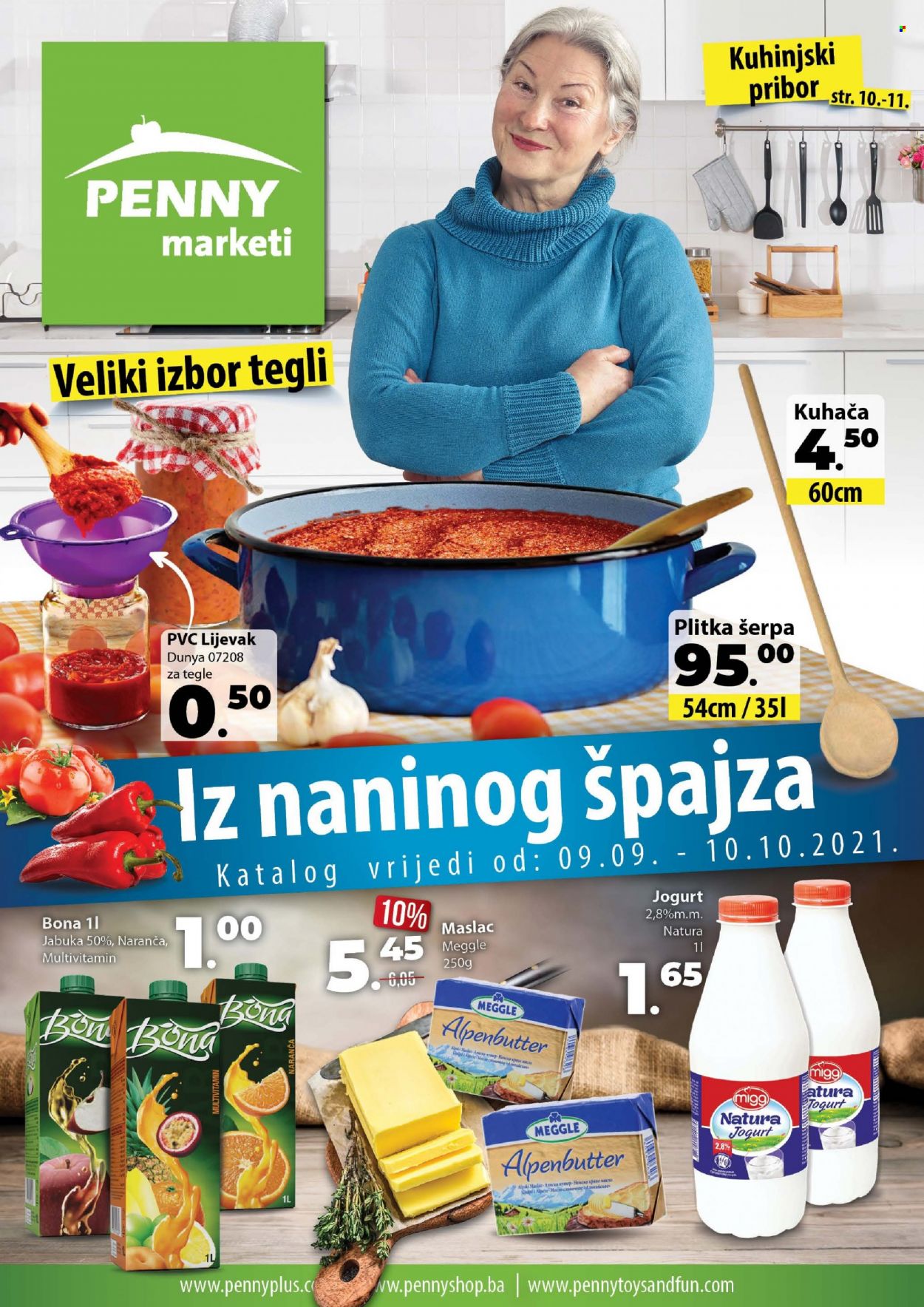 thumbnail - PENNY plus katalog - 09.09.2021. - 10.10.2021. - Sniženi proizvodi - jabuke, Meggle, jogurt, maslac, kuhinjski pribor. Stranica 1.