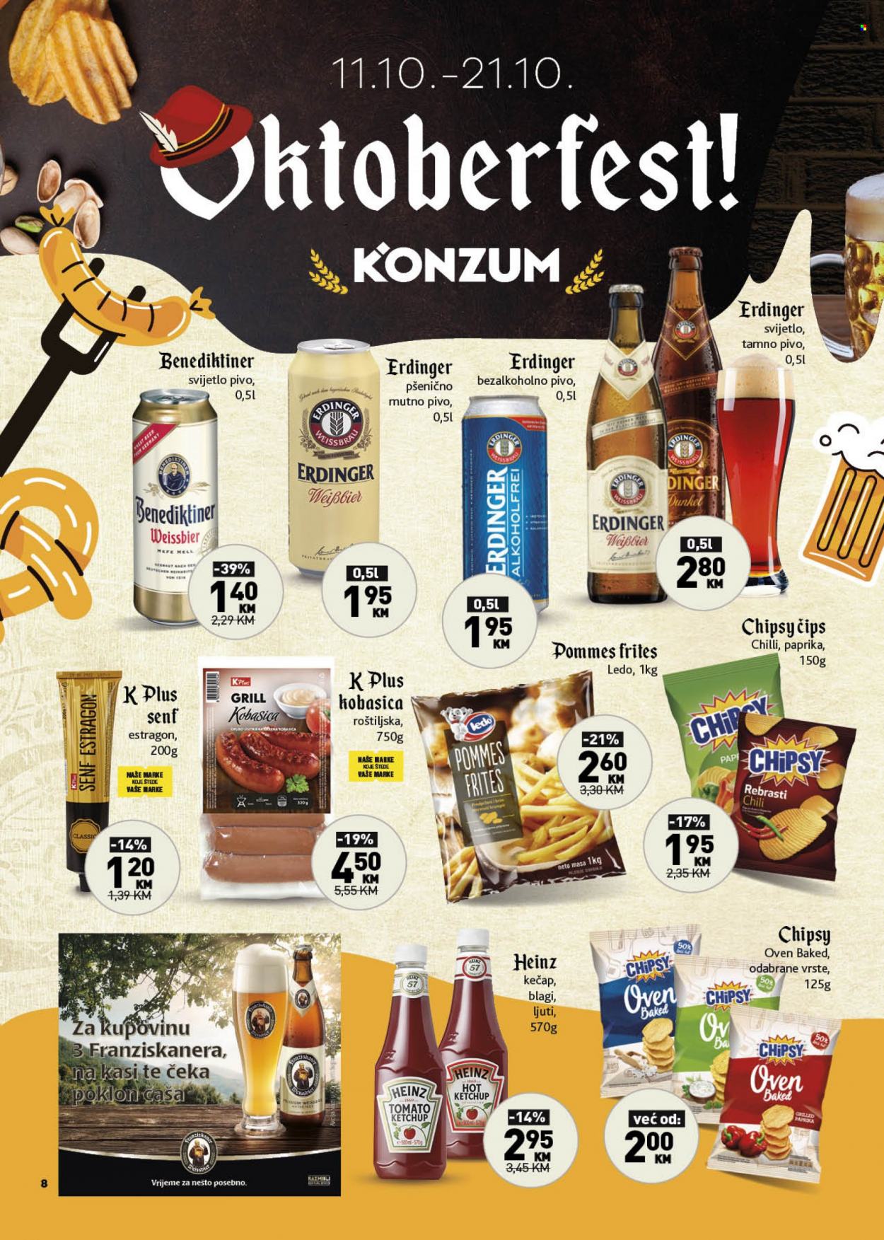 thumbnail - Konzum katalog - 11.10.2021. - 21.10.2021. - Sniženi proizvodi - pivo, bezalkoholno pivo, kobasica, chips, Chipsy, Heinz, kečap, senf, čaša. Stranica 8.