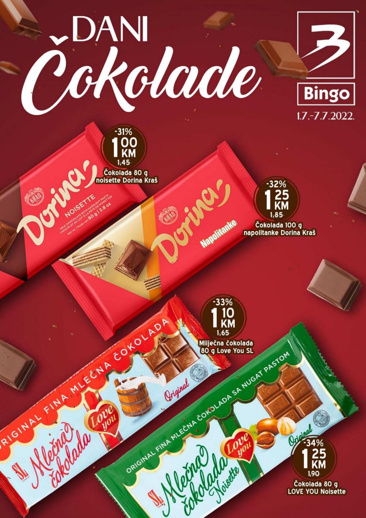 thumbnail - Bingo katalog - 01.07.2022. - 07.07.2022. - Sniženi proizvodi - čokolada, Dorina, mliječna čokolada, napolitanke. Stranica 1.