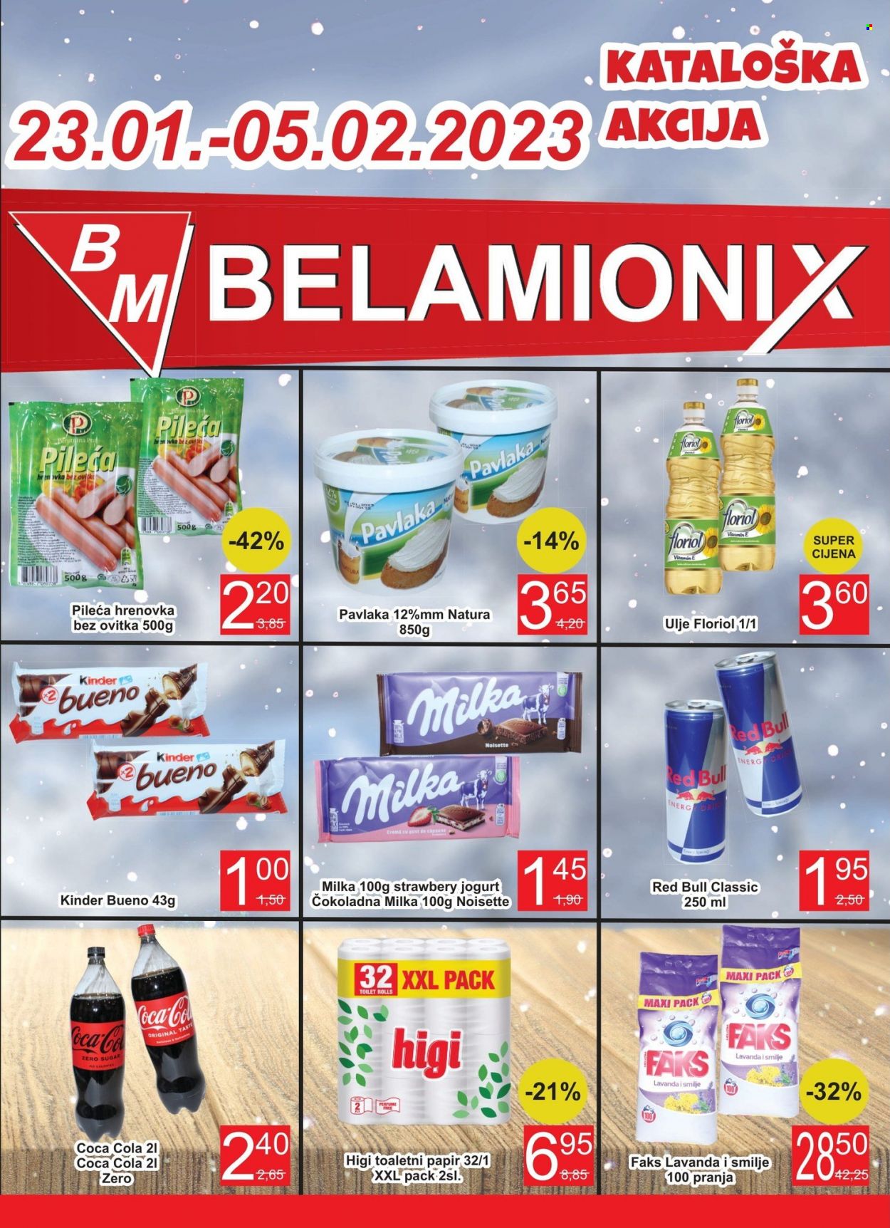 thumbnail - Belamionix katalog - 23.01.2023. - 05.02.2023. - Sniženi proizvodi - pileća hrenovka, jogurt, Milka, pavlaka, Kinder Bueno, ulje, Coca-Cola, energy drink, Red Bull, toaletni papir, Faks, vitamin B. Stranica 1.