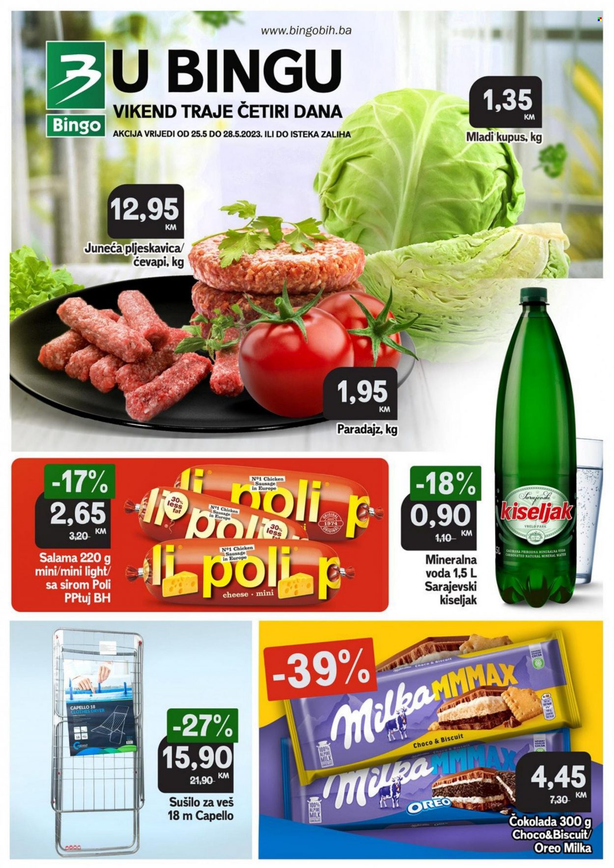 Bingo katalog - 25.05.2023. - 28.05.2023. - Sniženi proizvodi - kupus, paradajz, ćevapi, salama, Milka, Oreo, biskvit, čokolada, voda. Stranica 1.