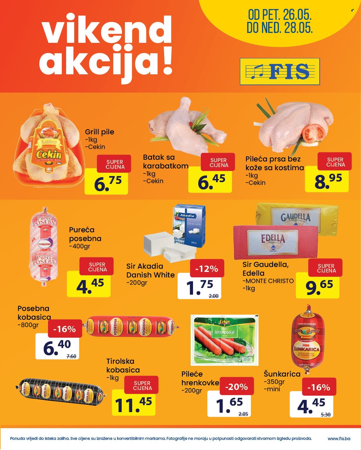 FIS katalog - 26.05.2023. - 28.05.2023. - Sniženi proizvodi - kobasica, posebna kobasica, Edella, sir, pile, pileća prsa, pileći batak sa karabatkom. Stranica 1.